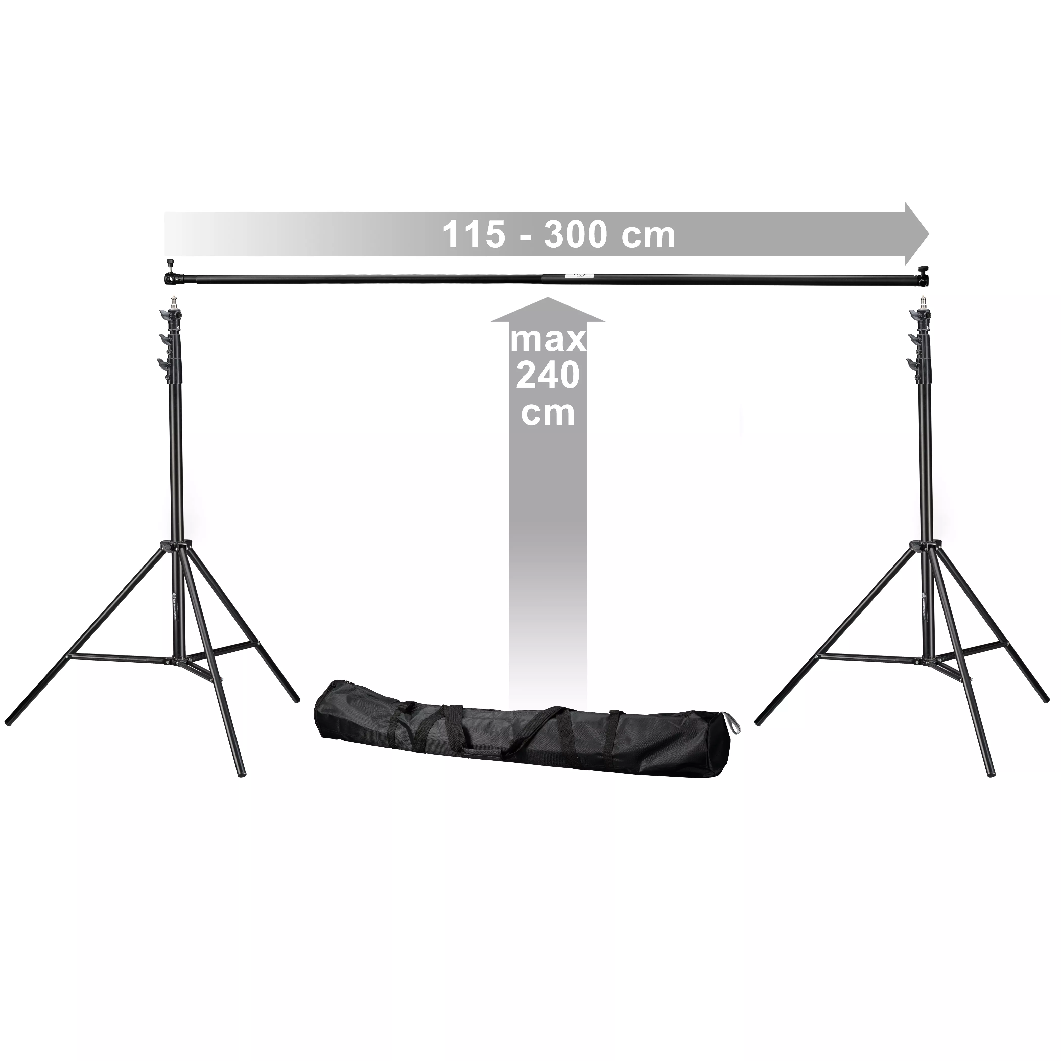Een zwarte standaard voor een achtergrond, twee standaards met een zwarte balk. Tekst zegt 115-300 cm, max 240 cm.