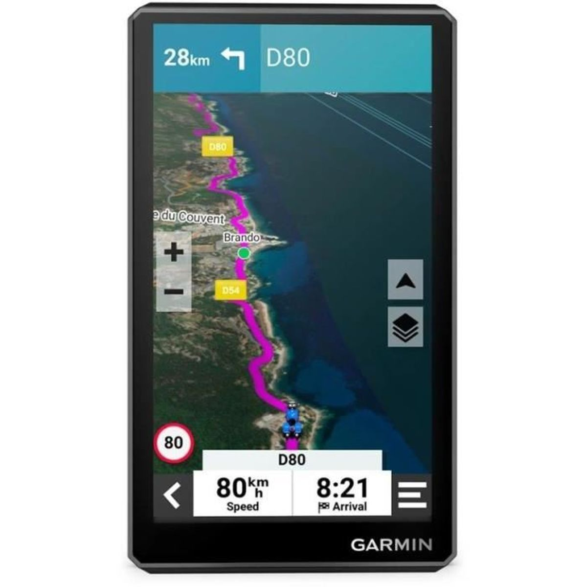Dispositivo GPS Garmin che mostra una mappa con un percorso e info sulla velocità.
