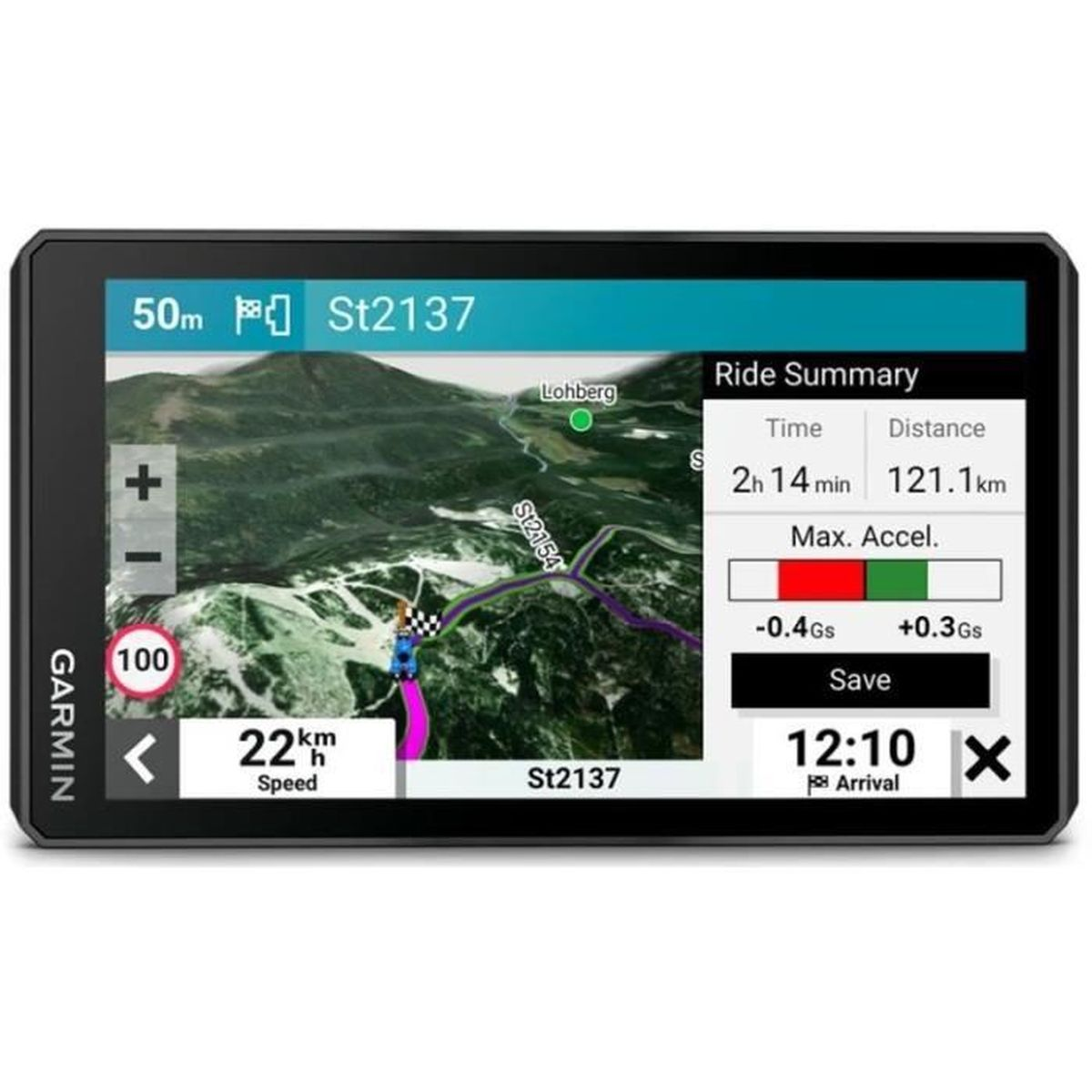 GPS Garmin che mostra una mappa, tempo, distanza e velocità. Ha anche una barra di navigazione.