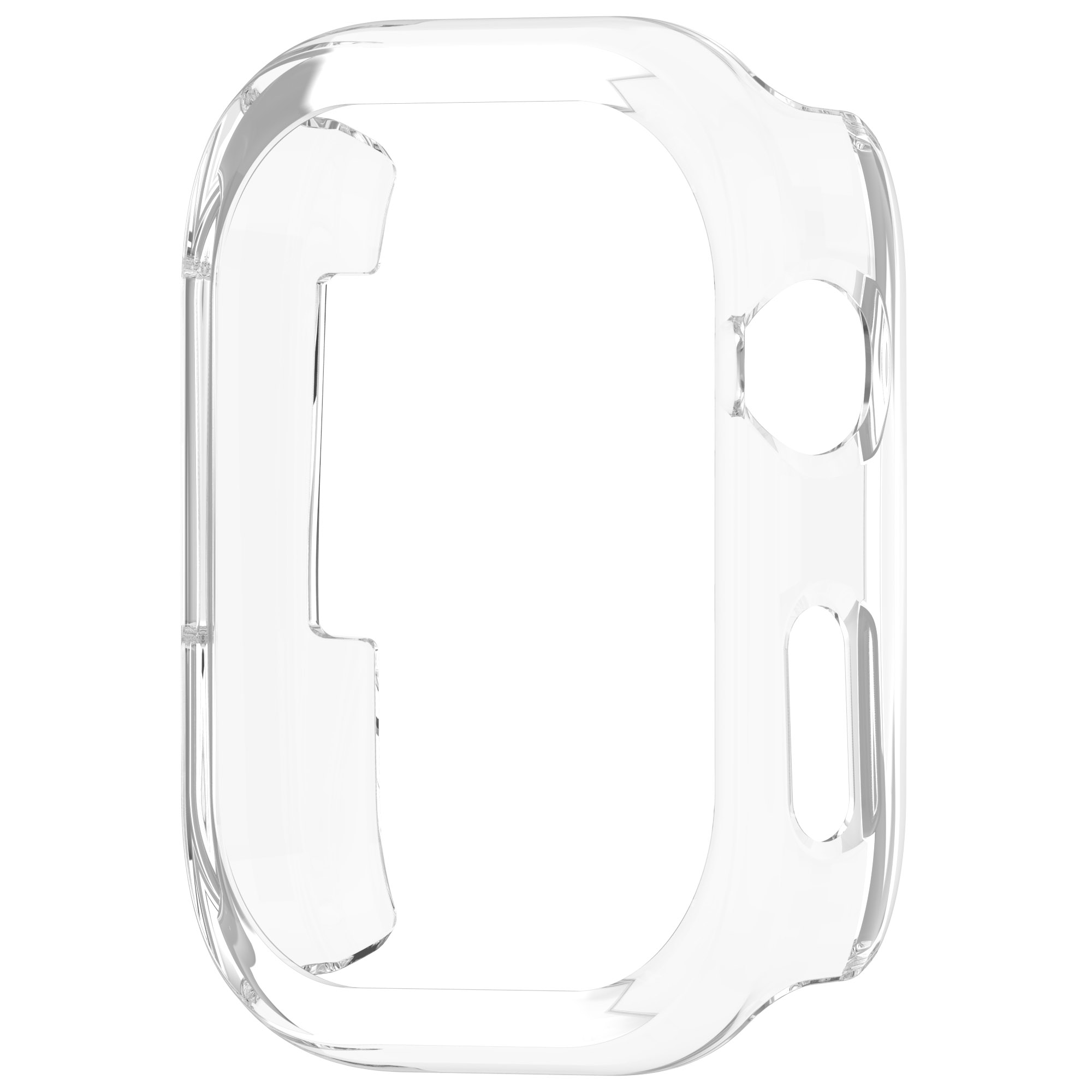 Una custodia per orologio trasparente, di forma rettangolare e con angoli arrotondati.
