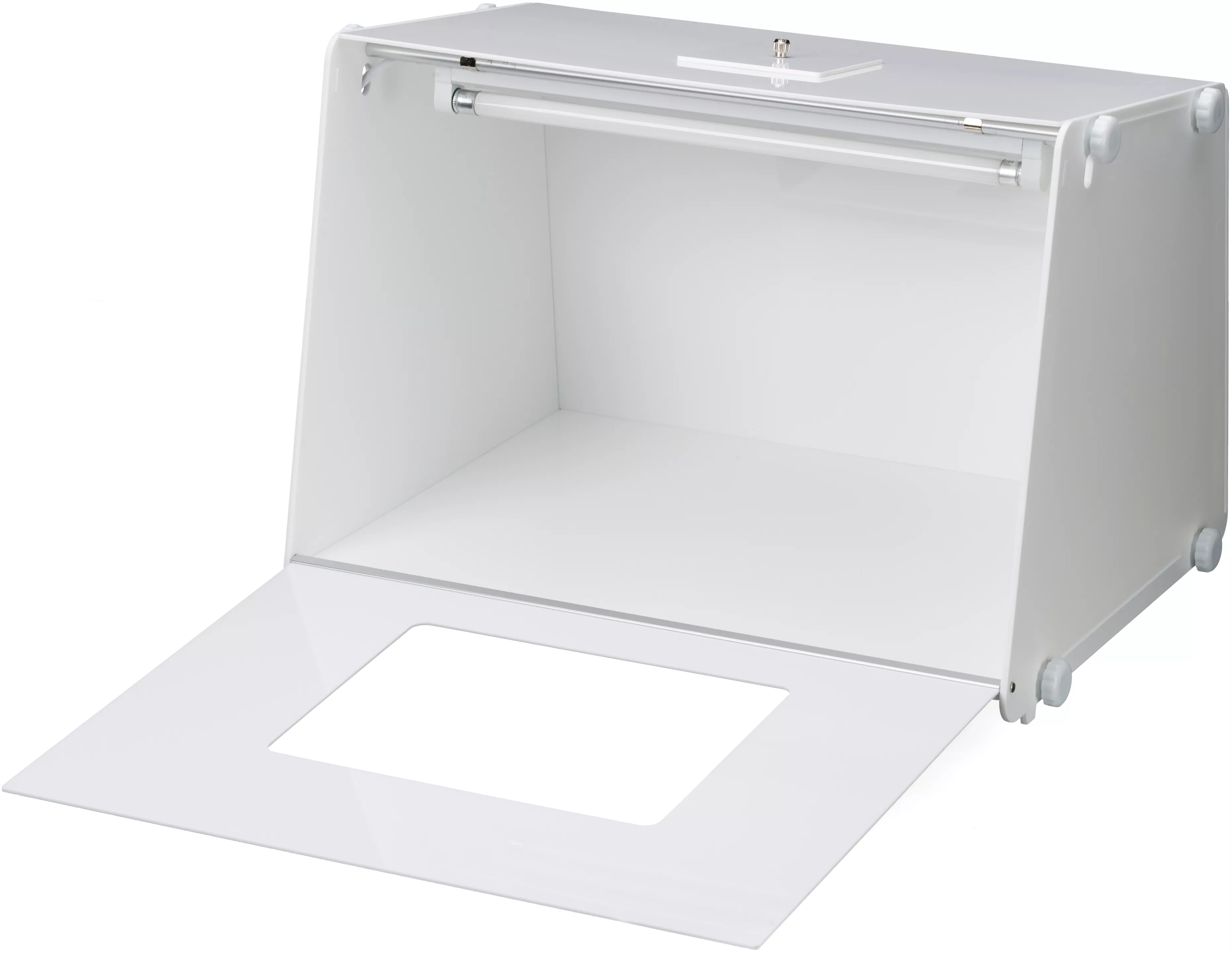 Caja blanca de fotografía de producto con puerta frontal abierta y luz en el interior.