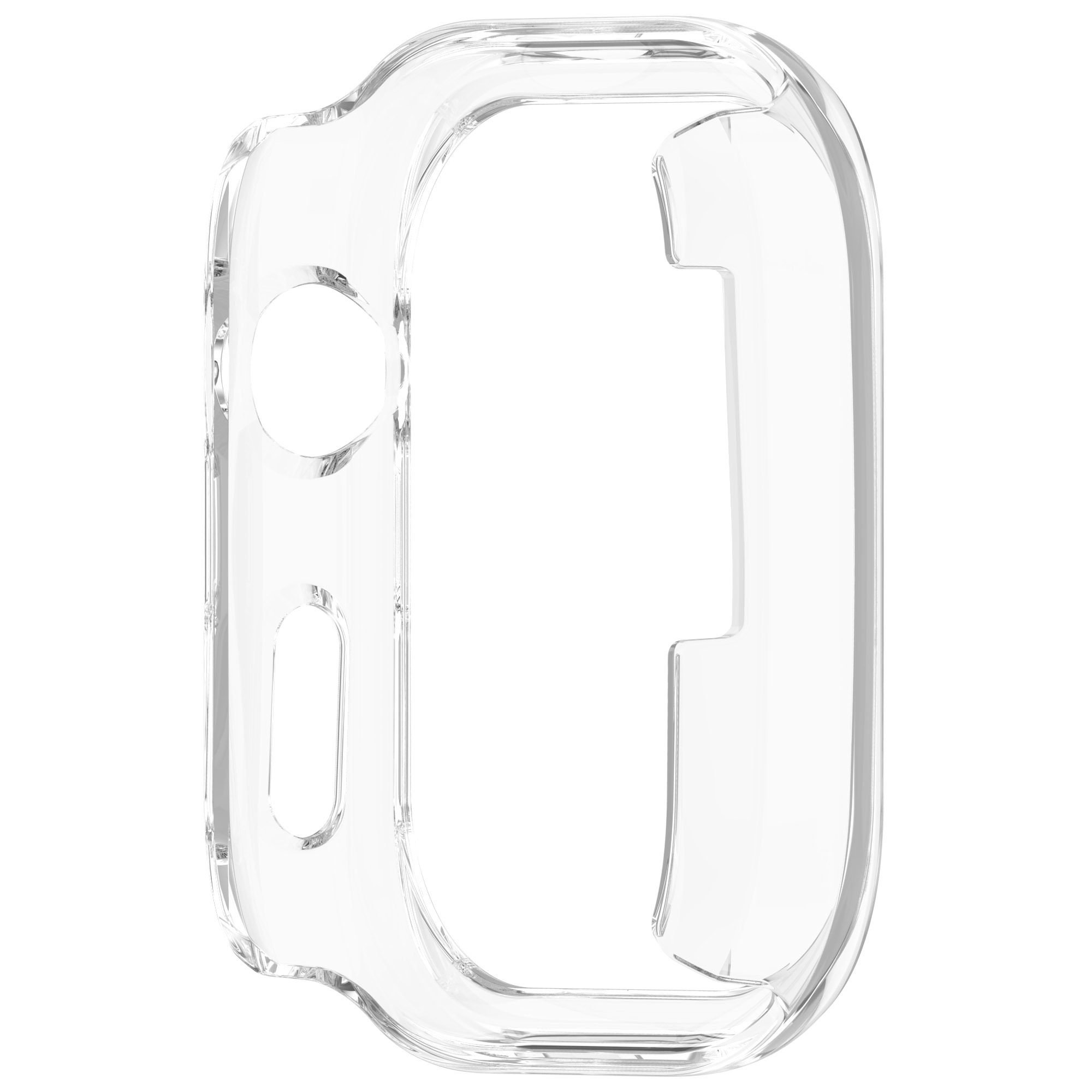 Una custodia protettiva trasparente per uno smartwatch. La custodia è trasparente.