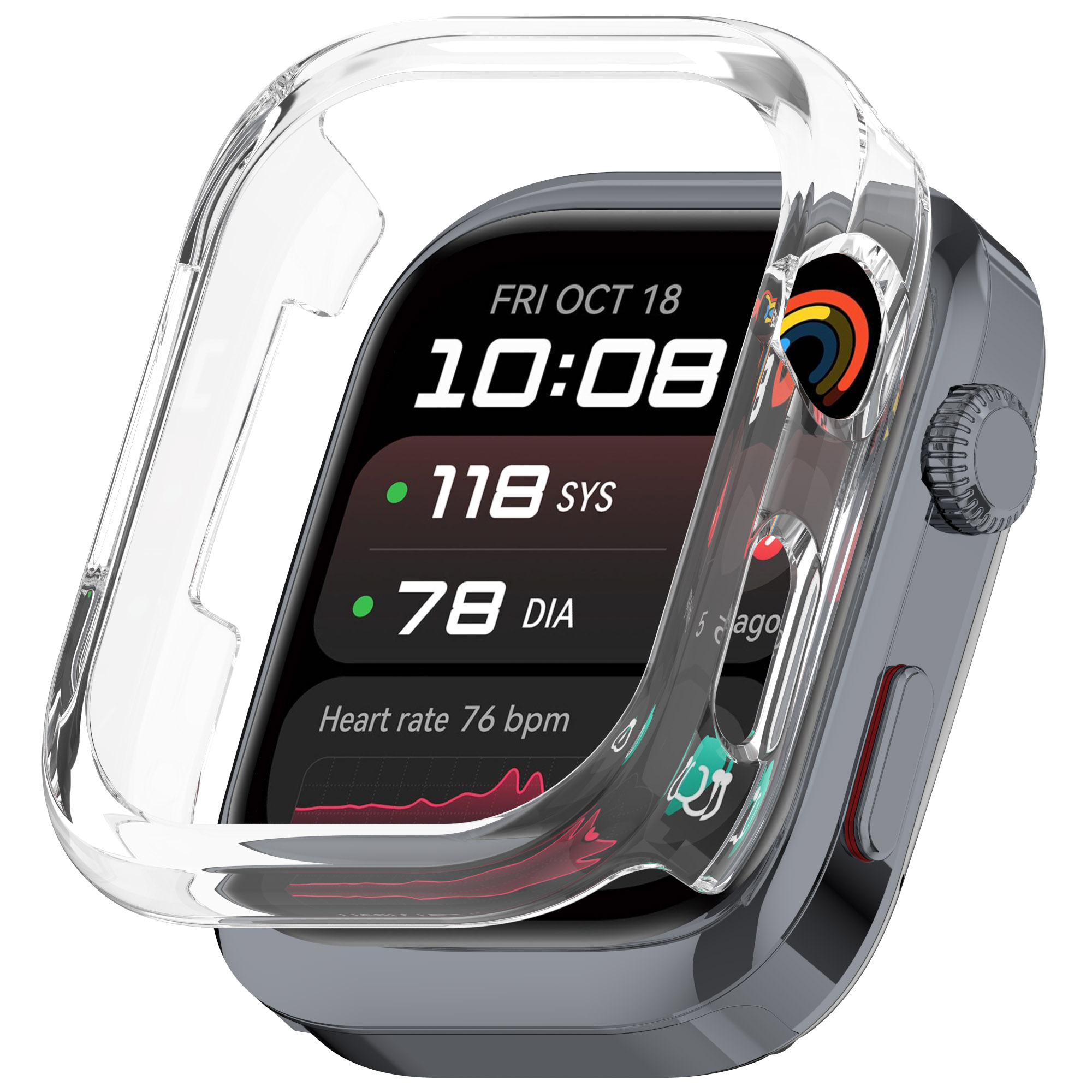 Uno smartwatch con custodia trasparente che mostra ora, data e parametri sanitari.