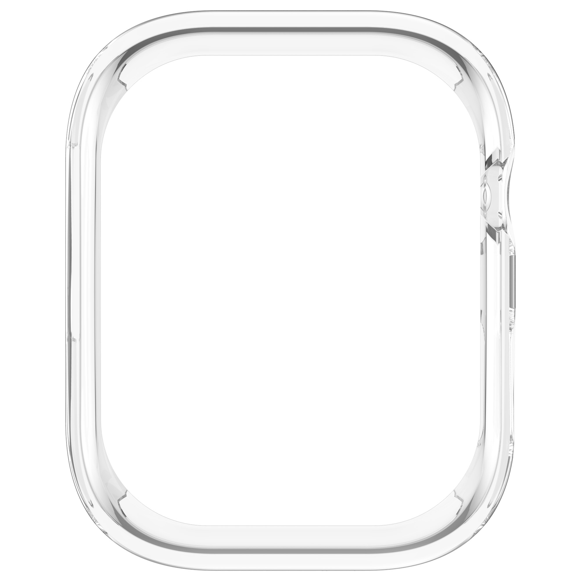 Una custodia per orologio trasparente, forma rettangolare con angoli arrotondati e ritagli.