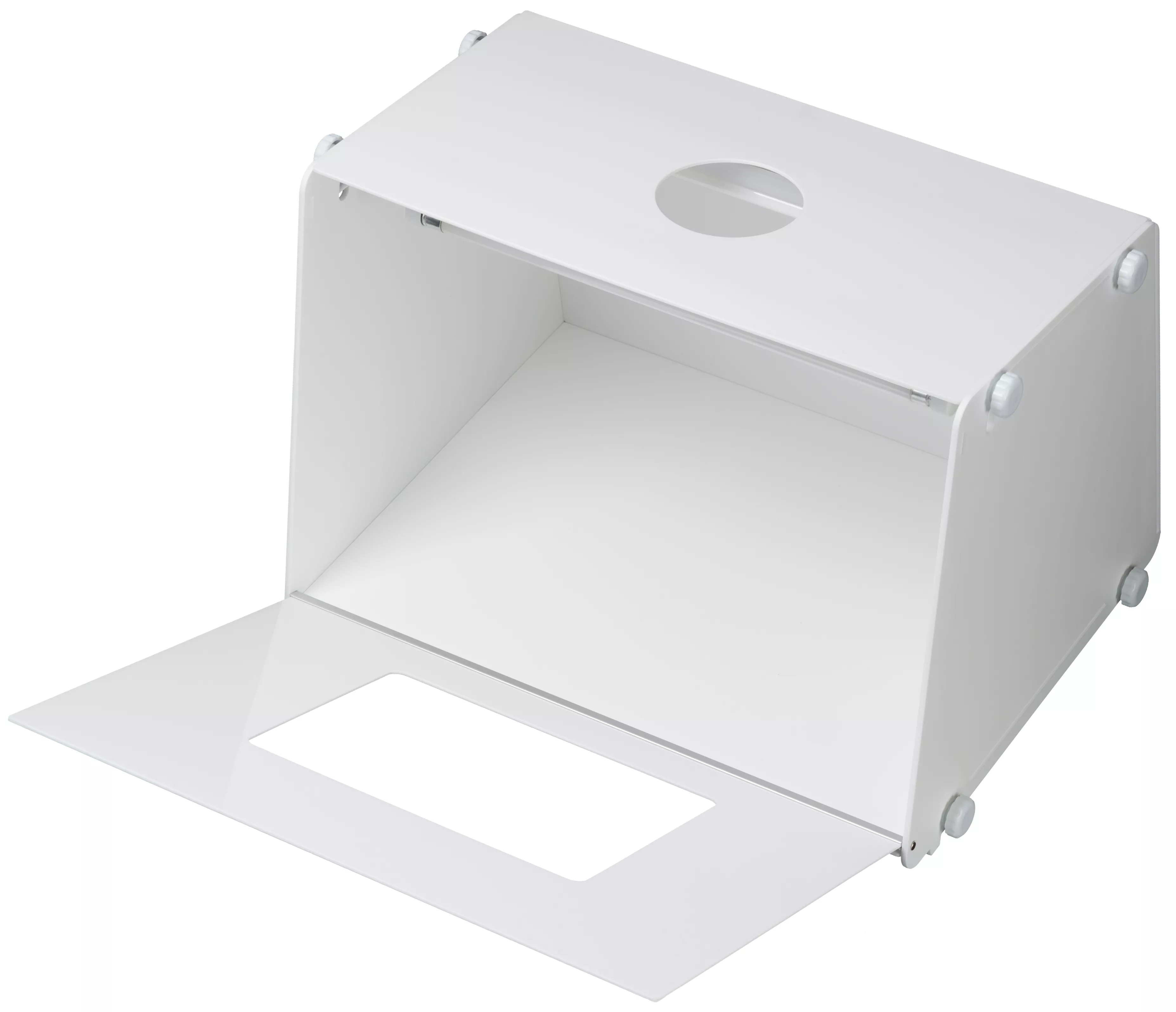 Caja de estudio fotográfico blanca y abierta con frontal abierto y orificio superior.
