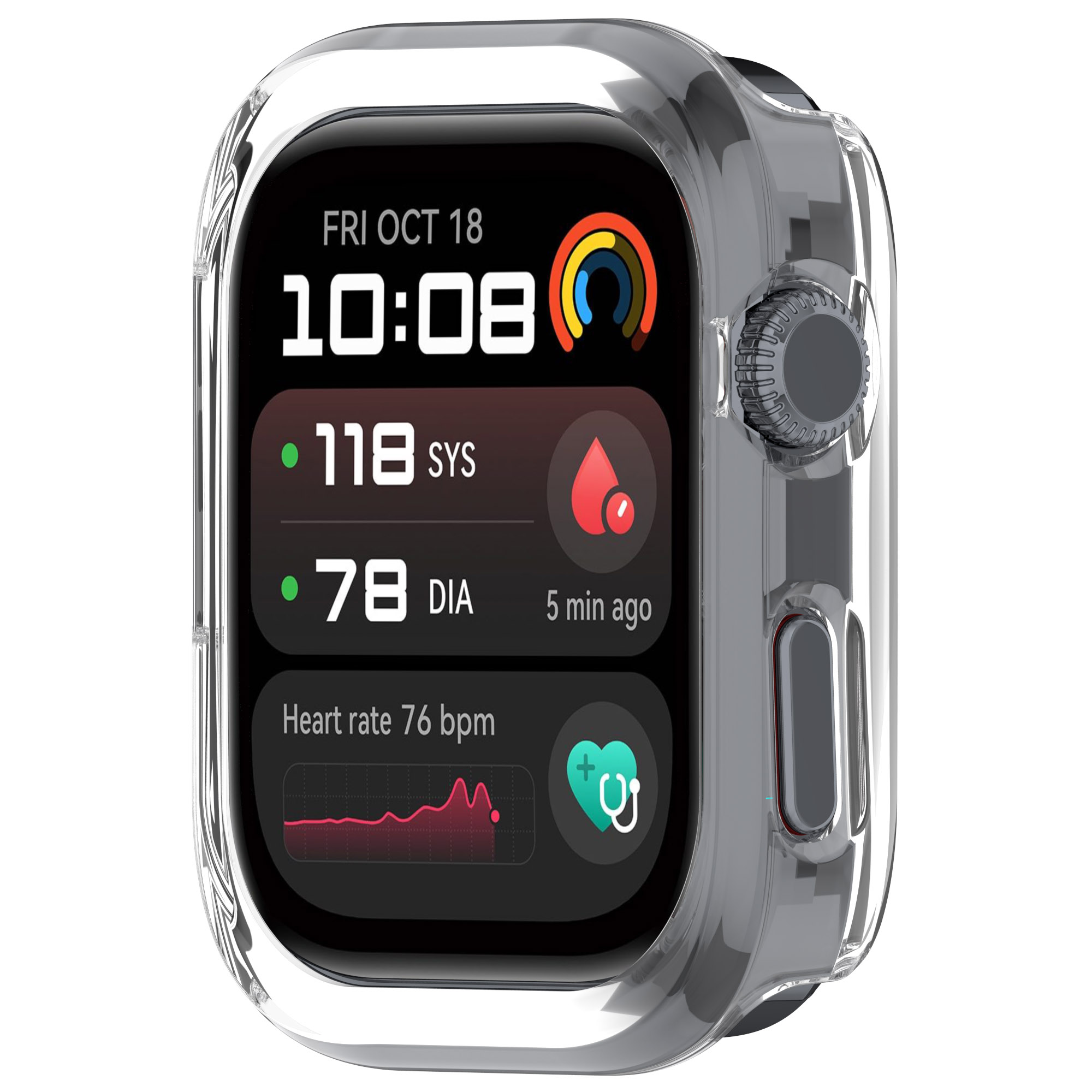 Smartwatch con custodia trasparente, che mostra ora, metriche sanitarie e data.