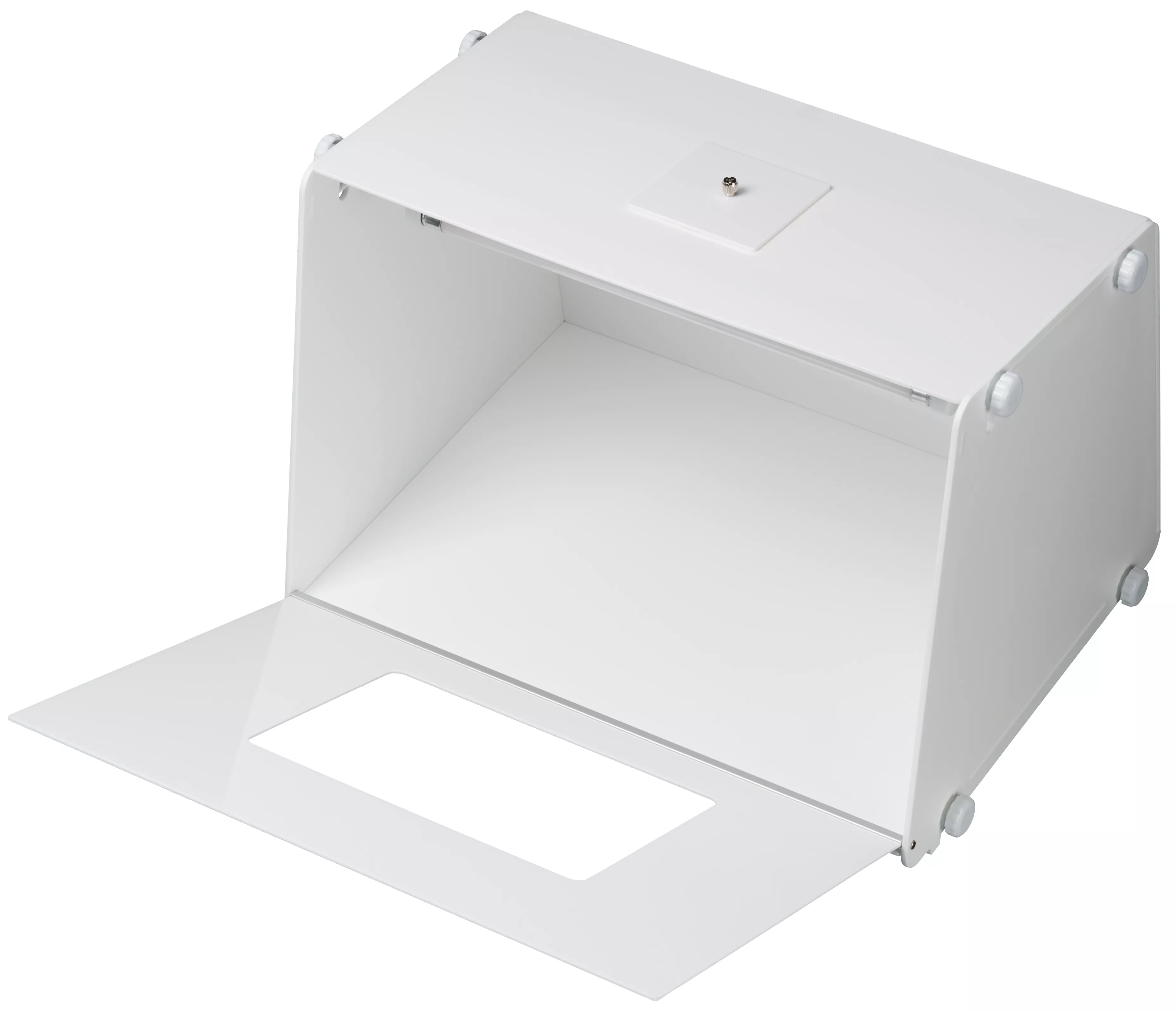 Caja de estudio fotográfico blanca con puerta frontal abierta, iluminada dentro.