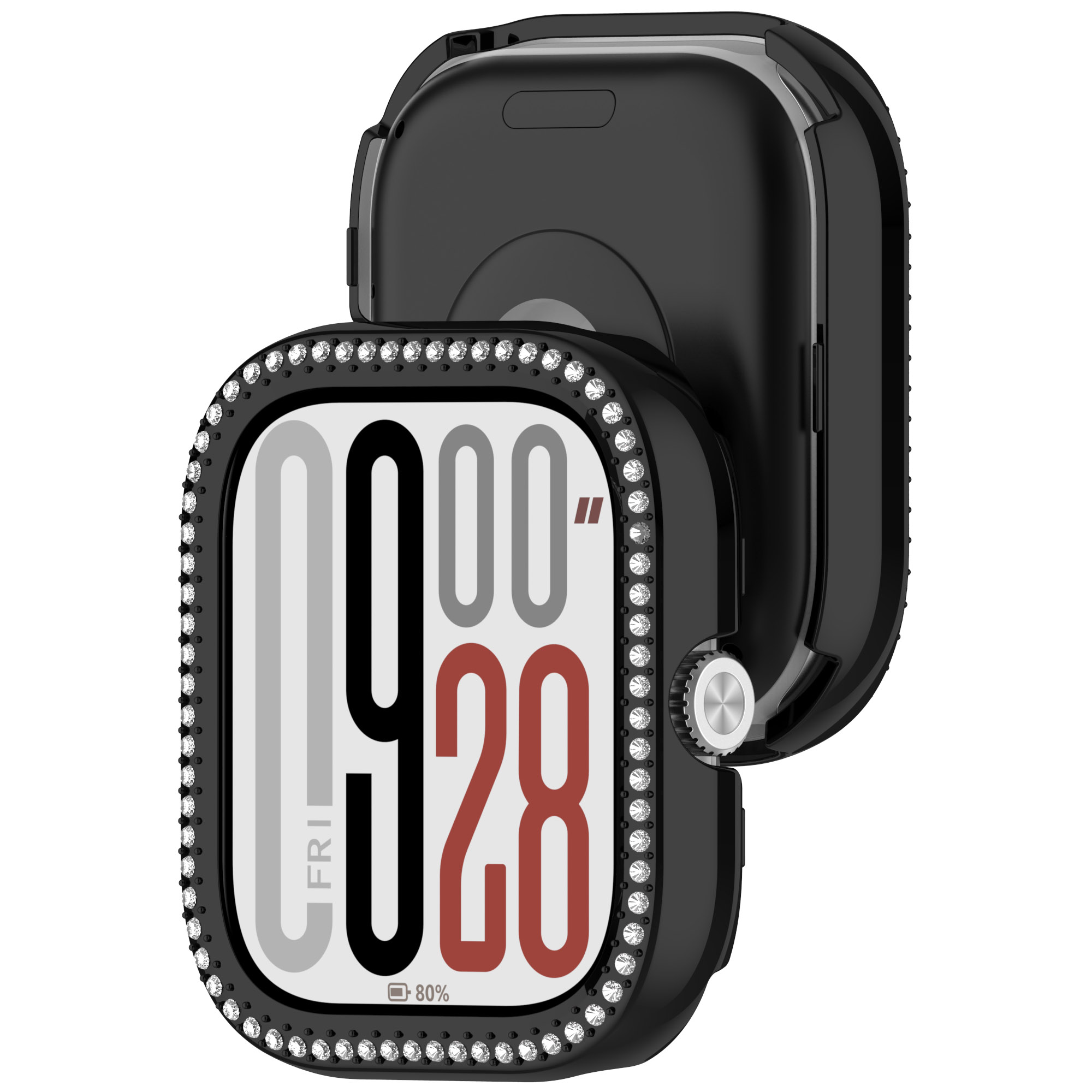 Custodia per smartwatch nera con lunetta tempestata di cristalli, che mostra un quadrante digitale.