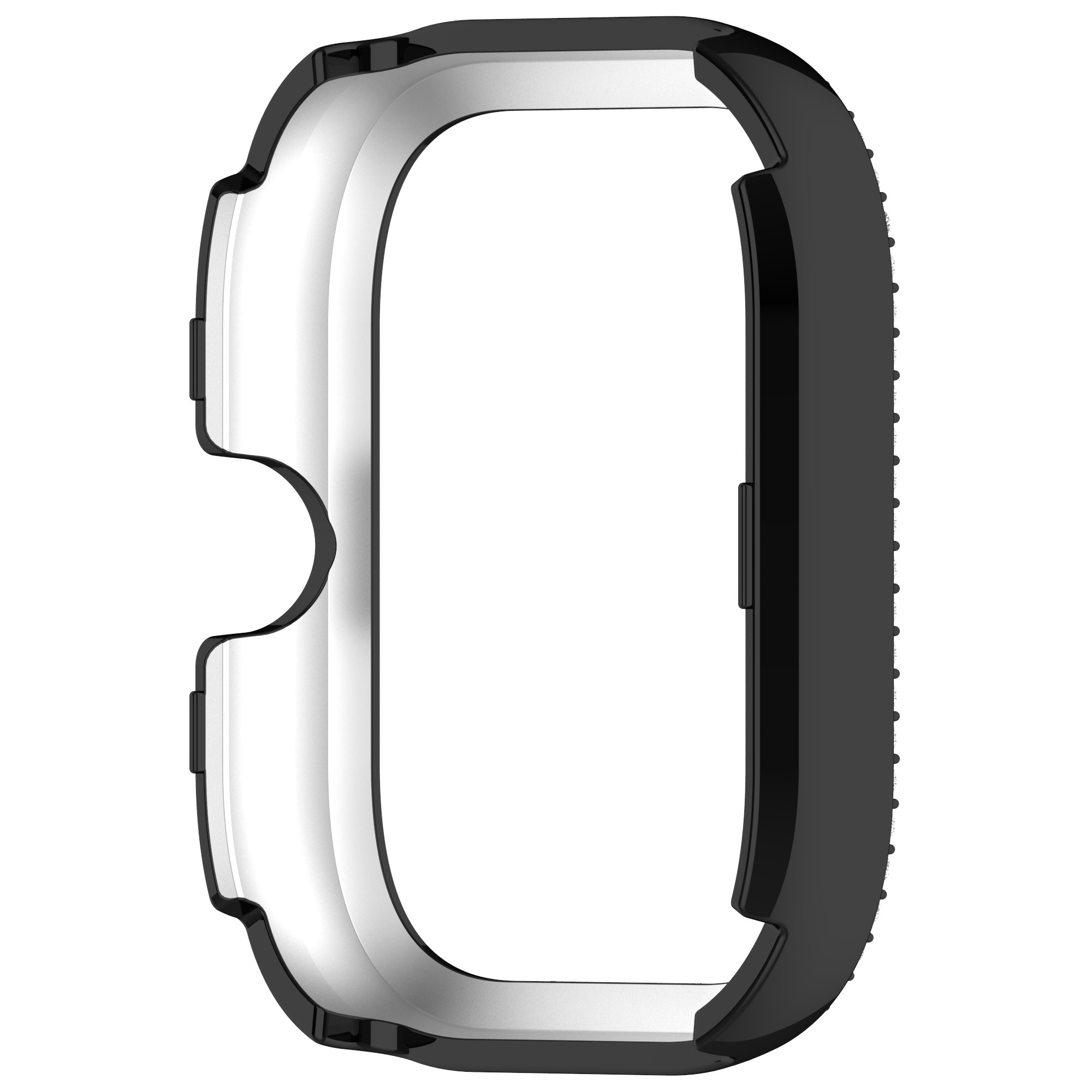 Una custodia per smartwatch nera con cornice interna argentata.