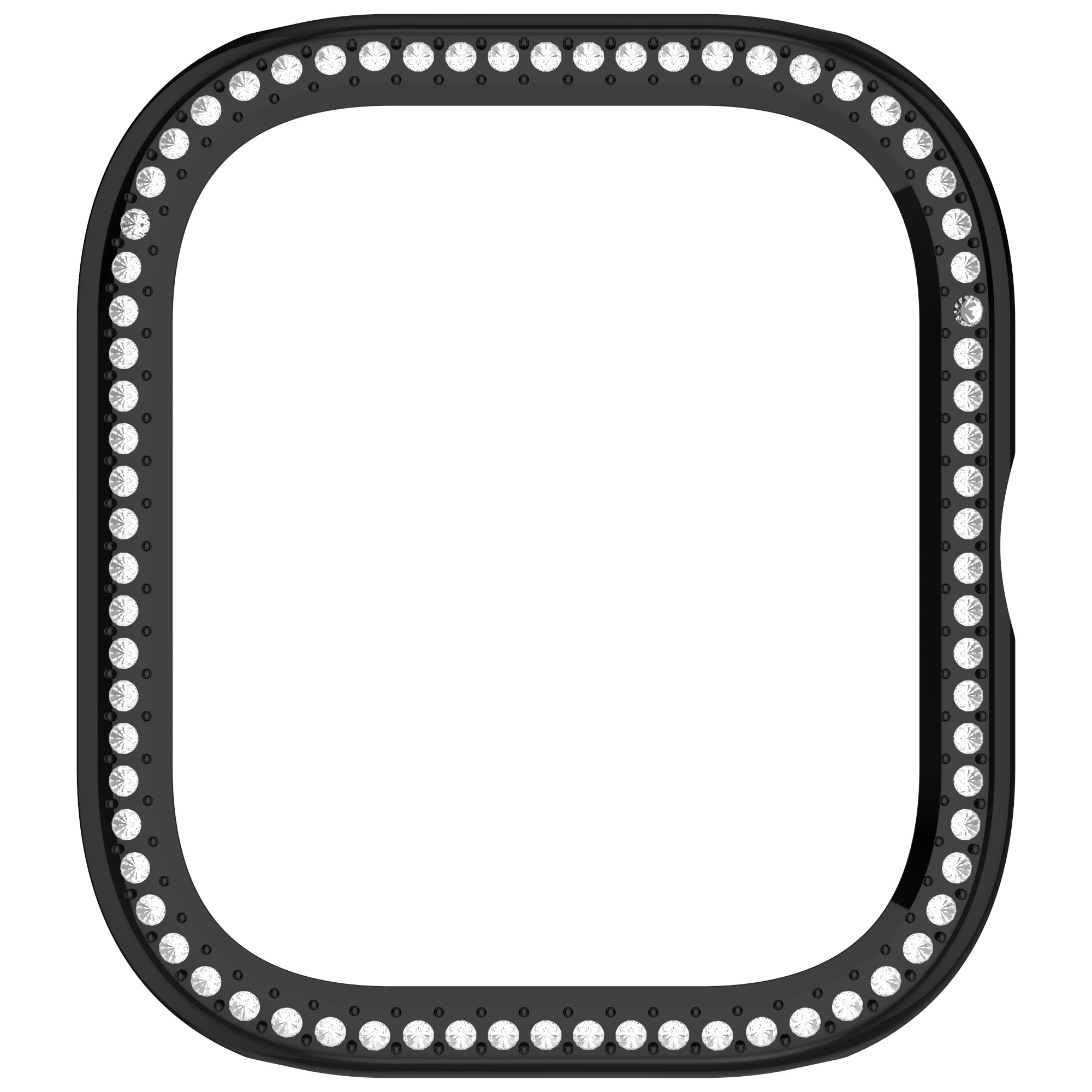 Custodia per smartwatch nera di forma quadrata, con una lunetta bordata di cristalli, isolata.