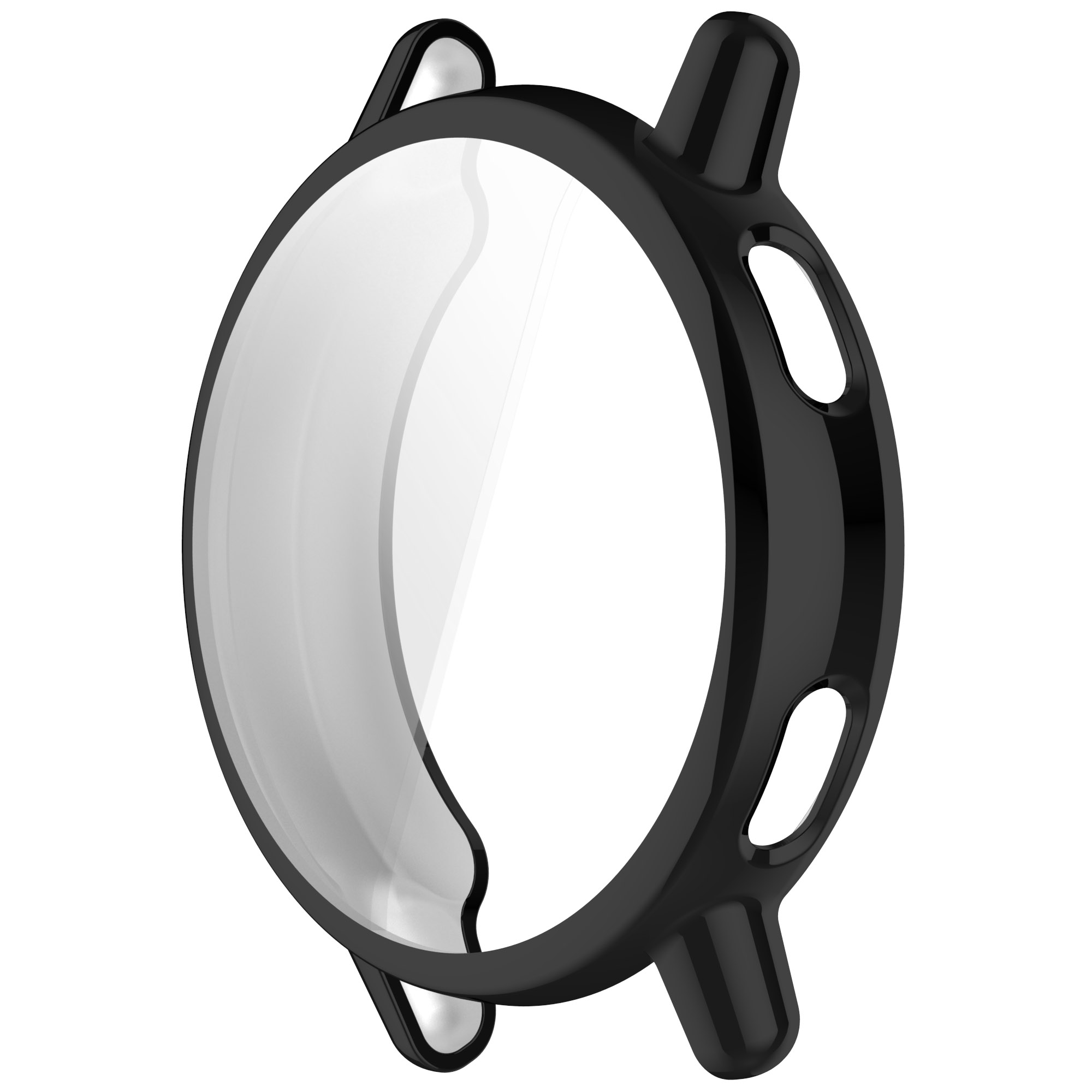 Lunetta dell'orologio nera con schermo trasparente. Forma rotonda, su sfondo bianco.