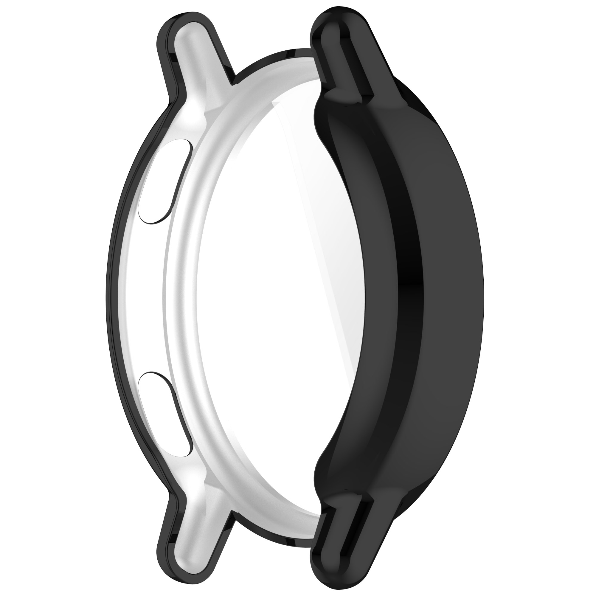 Custodia per smartwatch nera e argento, che mostra il profilo frontale e laterale, copertura display trasparente.