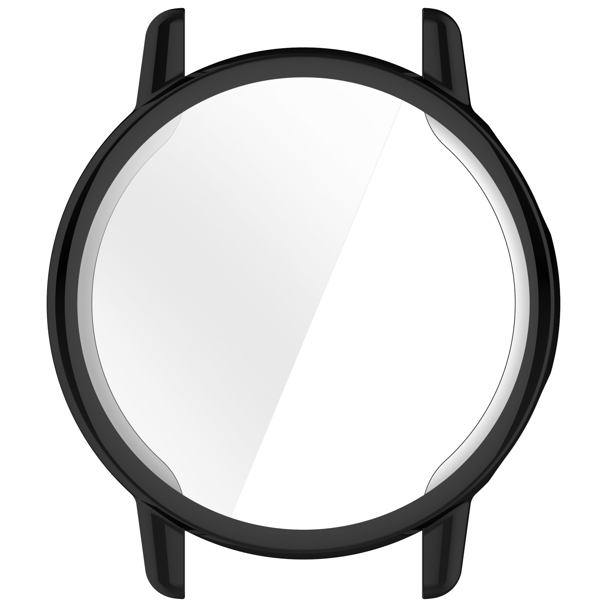 Custodia per smartwatch nera con protezione schermo trasparente. La custodia è rotonda e ha due alette sopra e sotto.