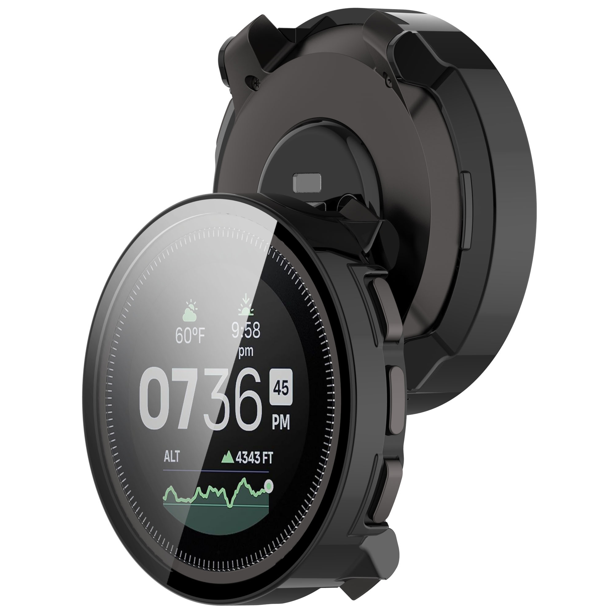 Smartwatch nero con schermo che mostra ora, temperatura e dati di altitudine. La custodia ha una protezione nera.