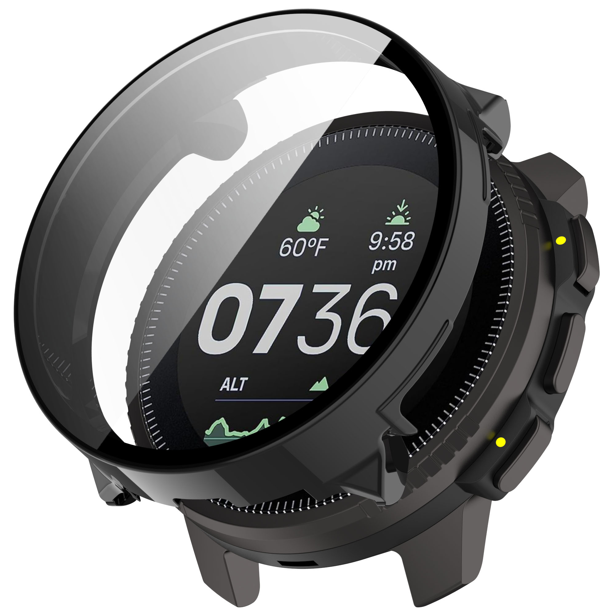 Smartwatch nero con schermo che mostra numeri e dati meteo, con copertura protettiva trasparente.