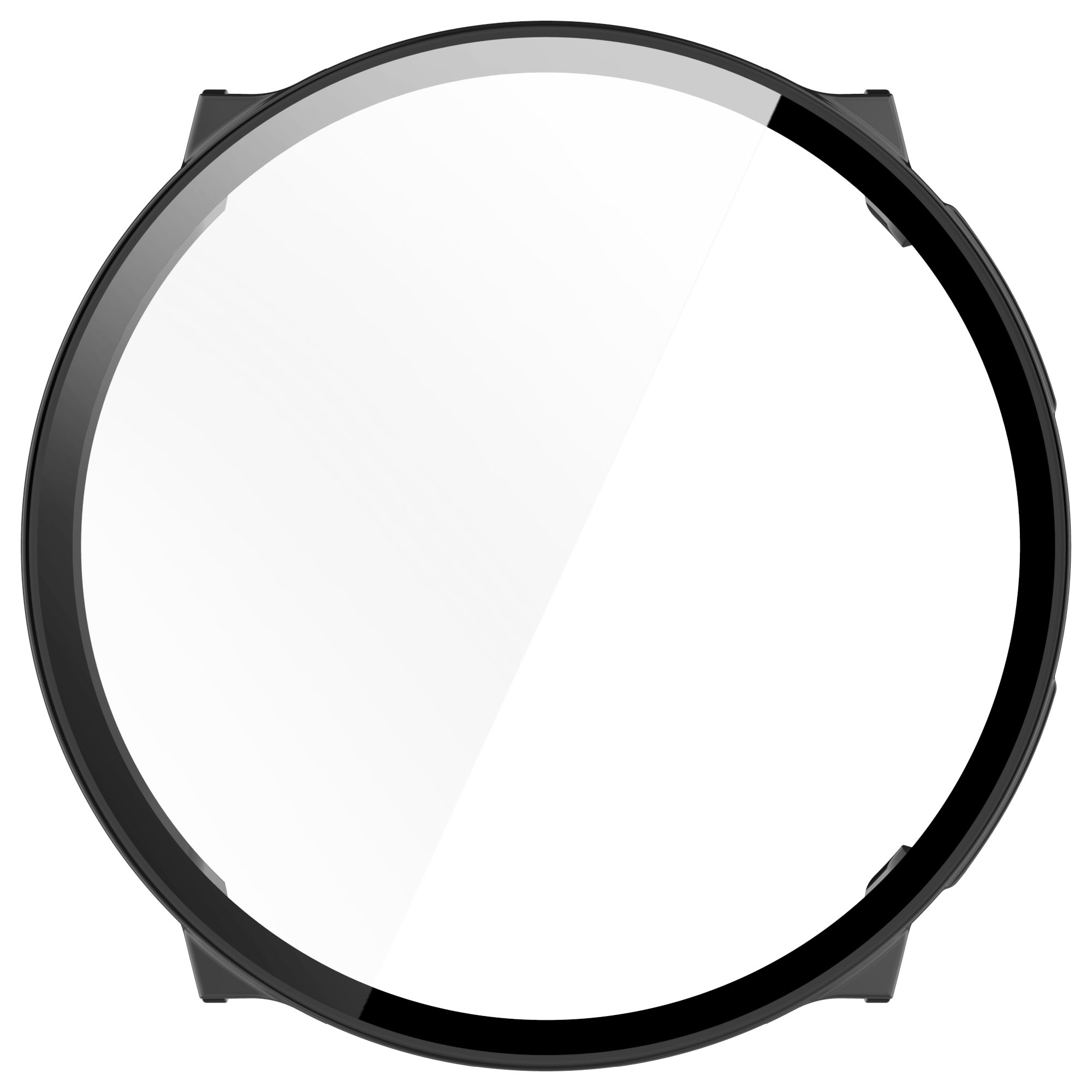 Protezione schermo per smartwatch nera. Un pezzo di vetro circolare trasparente con bordo nero.