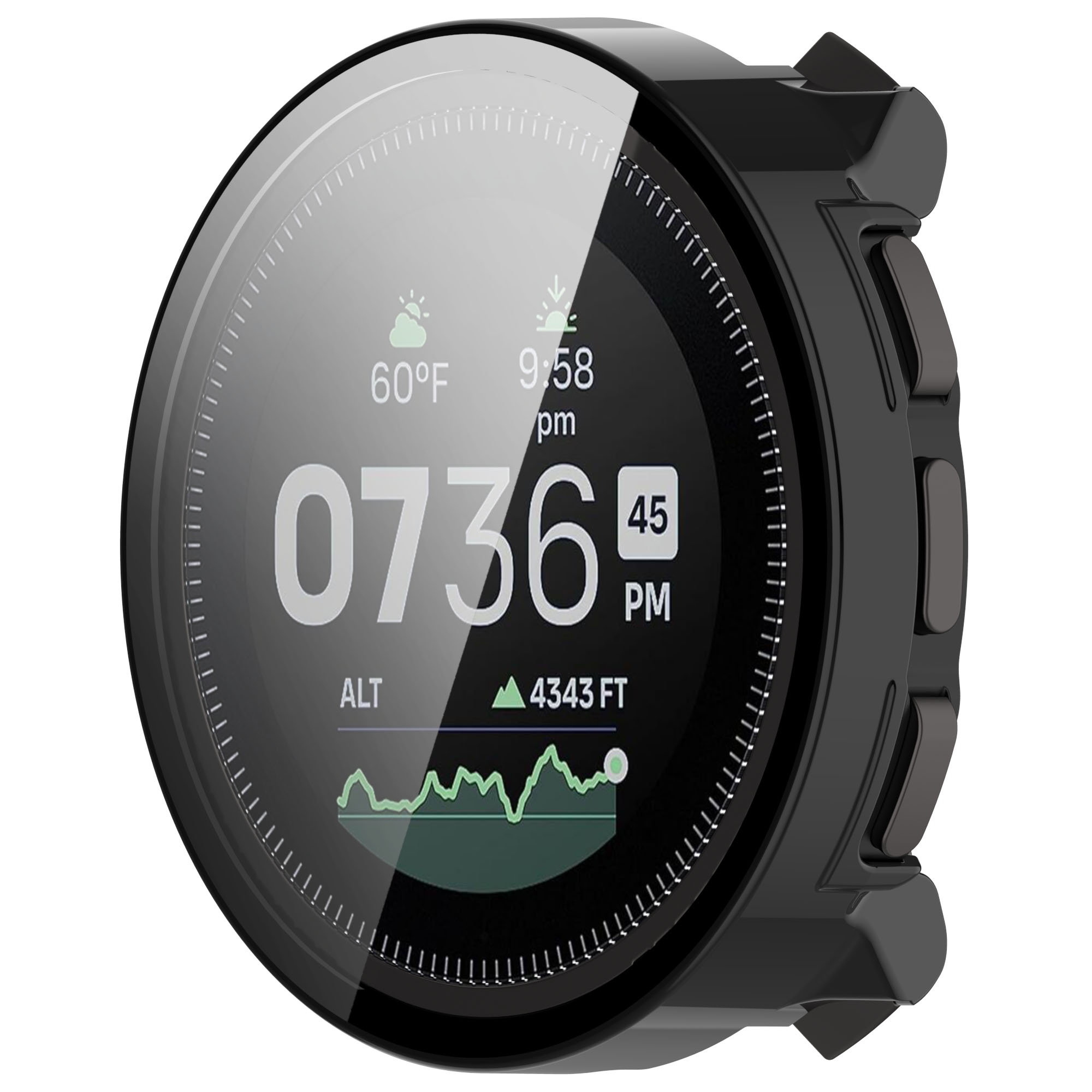 Smartwatch nero che mostra l'ora, l'altitudine e la temperatura. Il quadrante ha un bordo nero ed è circolare.
