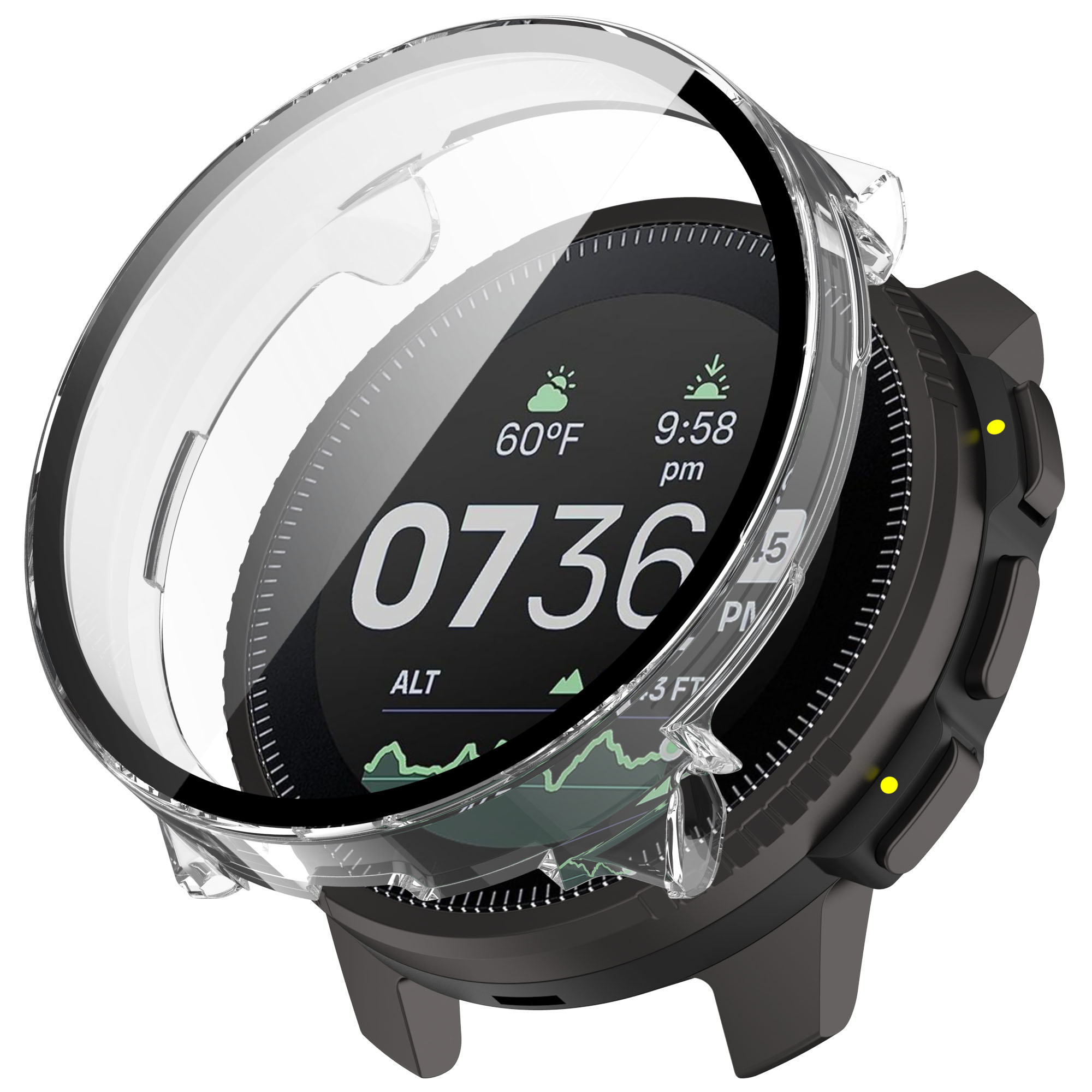Smartwatch nero con schermo che mostra numeri e meteo, con copertura protettiva trasparente.
