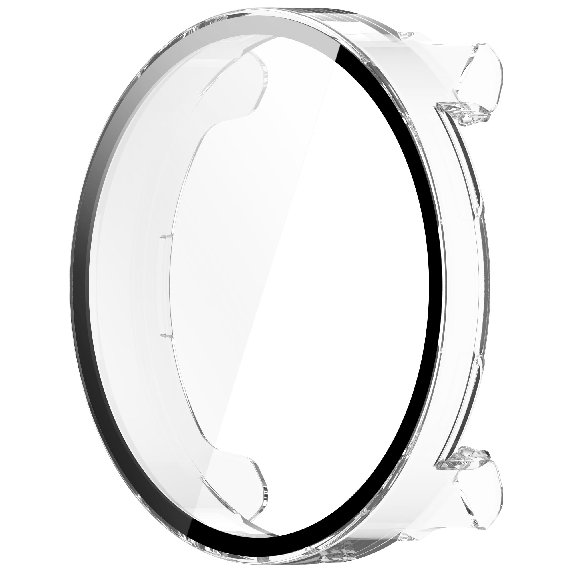 Protezione schermo per smartwatch trasparente. Copertura circolare trasparente con bordo nero.