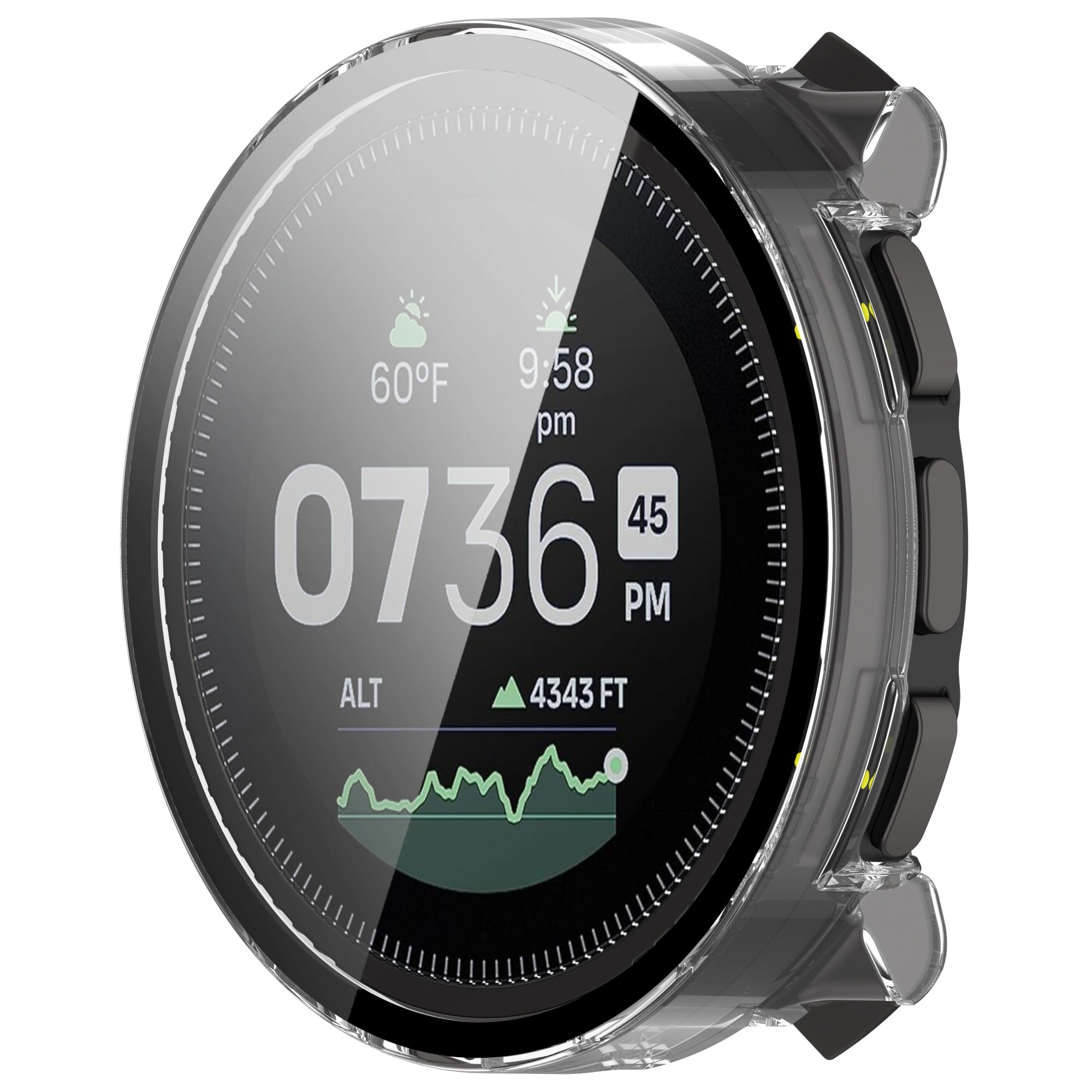 Smartwatch nero con custodia protettiva trasparente, mostra ora e dati. Orologio nero con custodia trasparente.