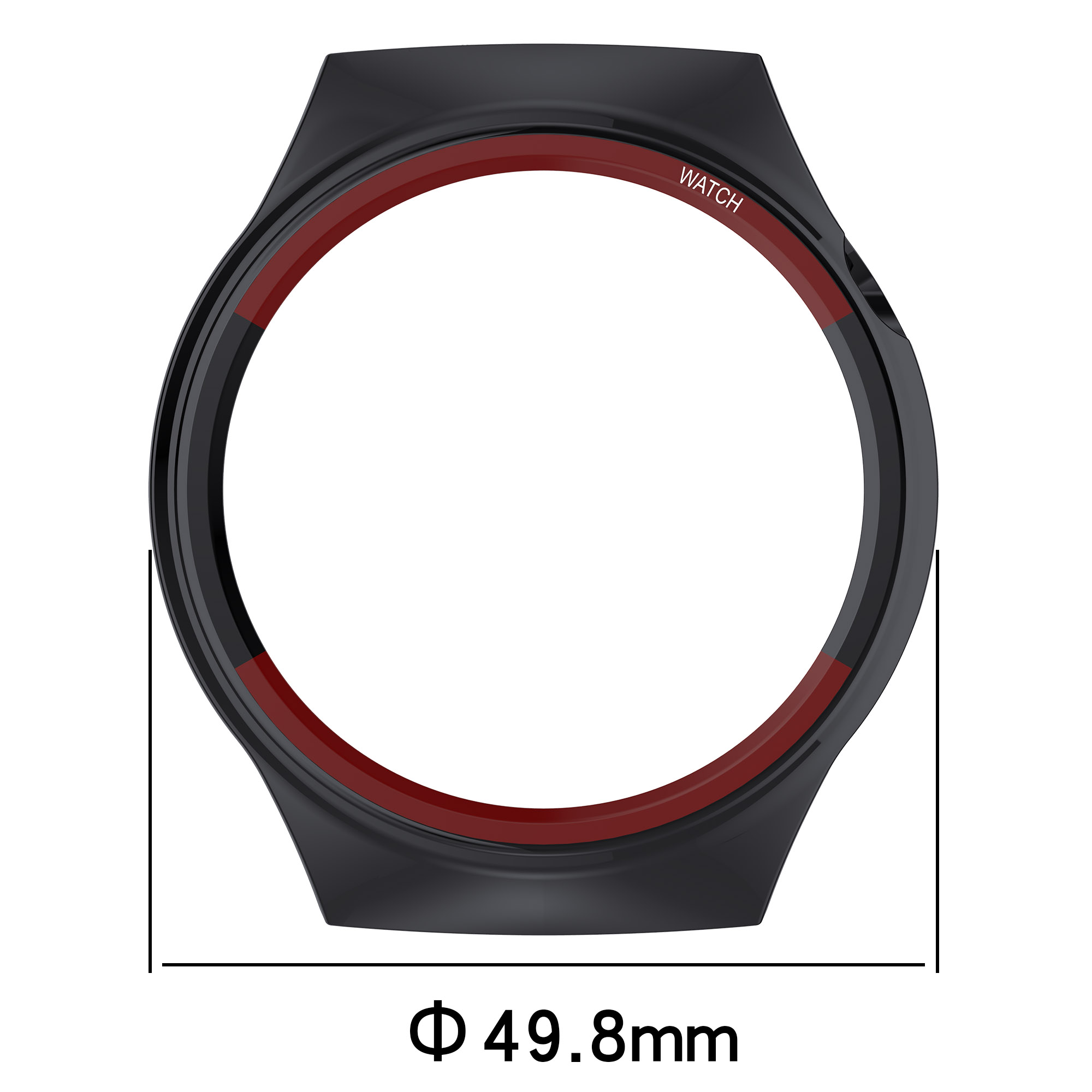 Cornice della cassa dello smartwatch nera con anello interno rosso. Ha forma circolare e misura 49,8 mm.