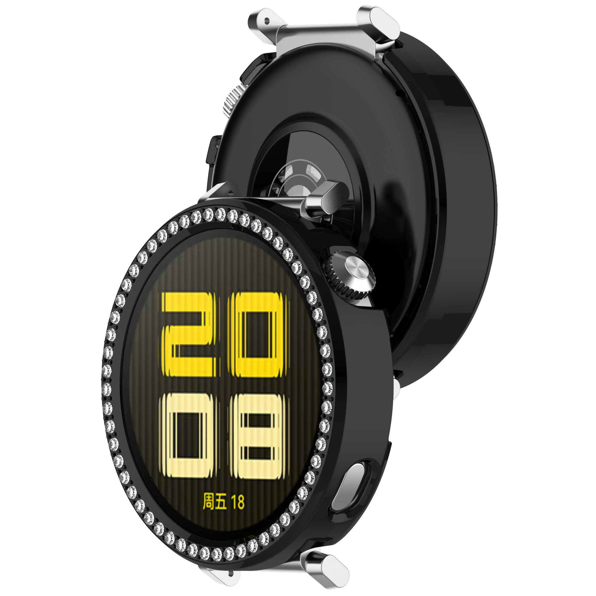 Cassa dell'orologio nera con lunetta. Visualizza l'ora, la data e ha un bordo a forma di diamante. Lo sfondo è un componente dell'orologio.