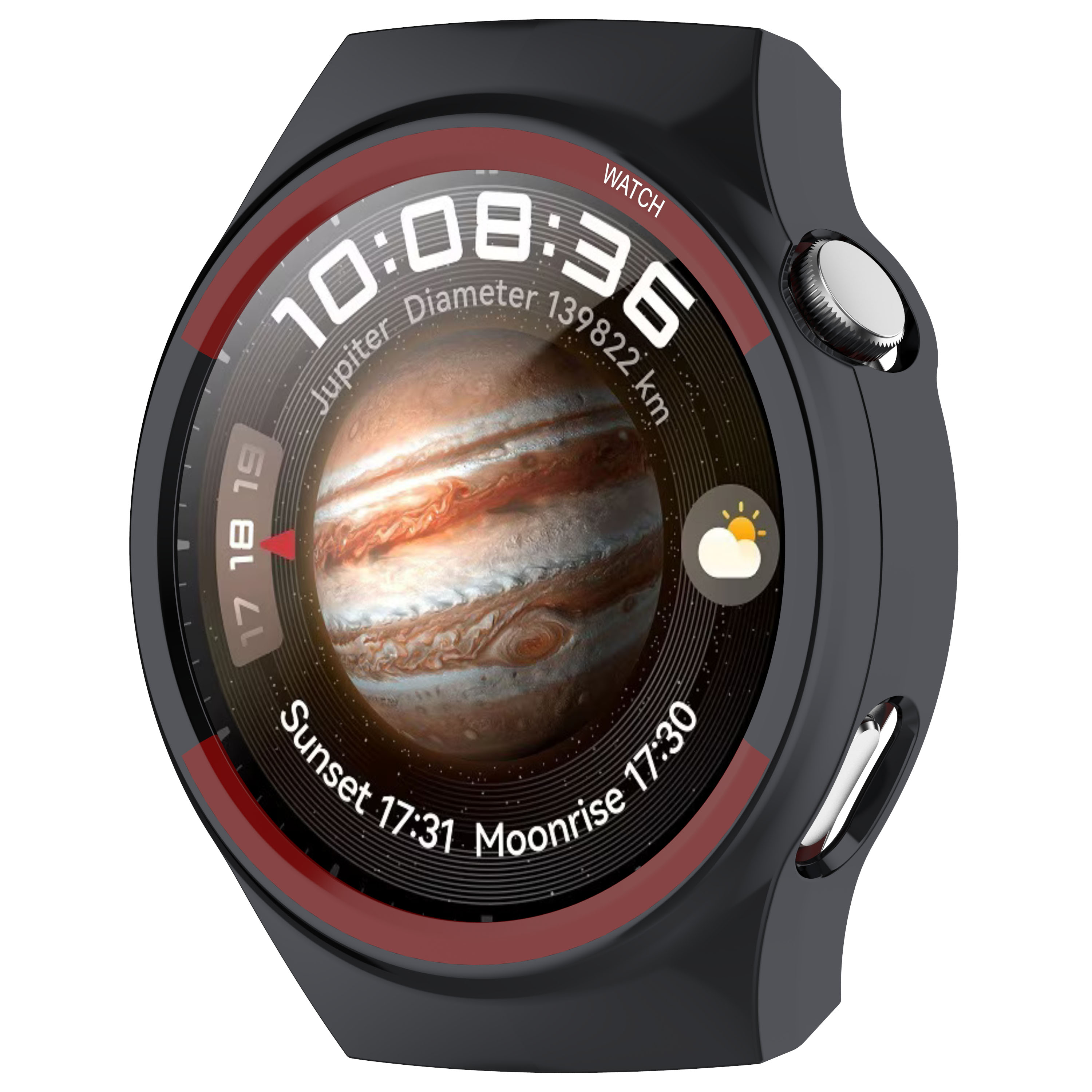 Smartwatch nero con vista di Giove sullo schermo. Accenti rossi e una cassa nera.