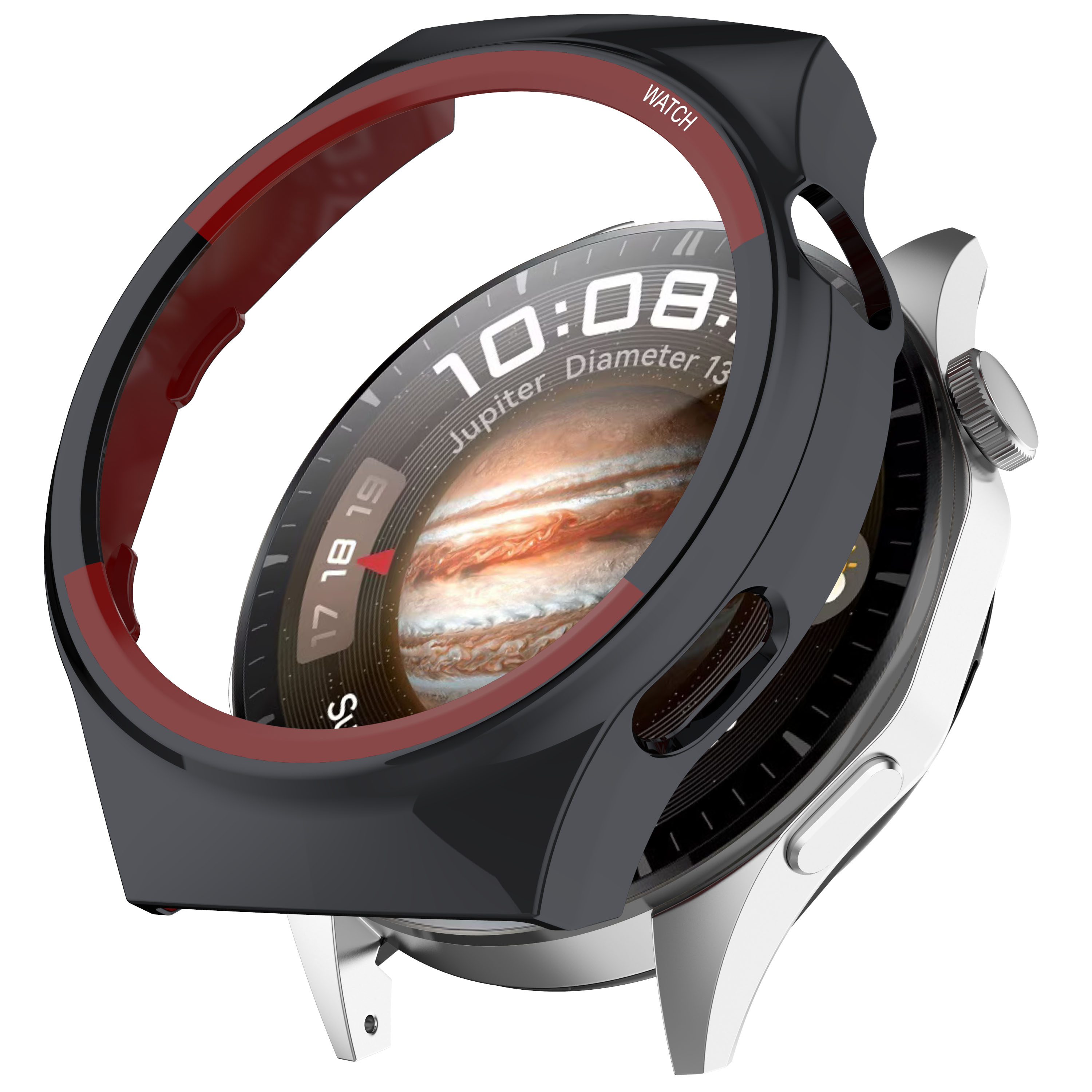 Smartwatch con lunetta rossa e nera e protezione schermo. Il quadrante mostra l'ora e Giove.