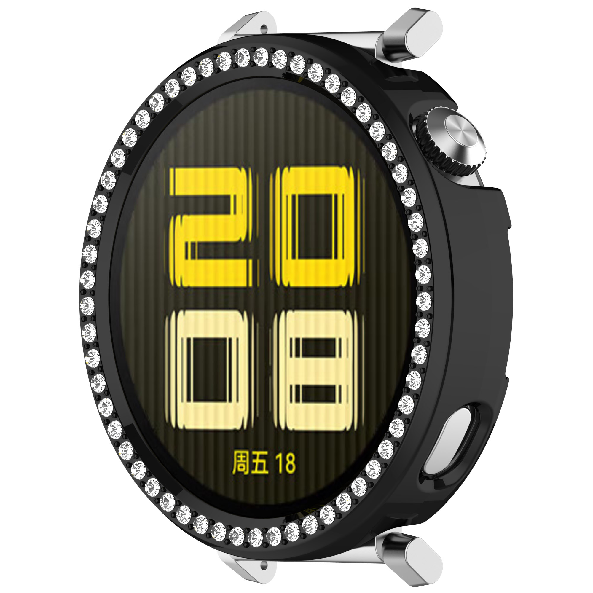 Smartwatch nero con lunetta nera. La lunetta ha cristalli incastonati. Il quadrante mostra l'ora.