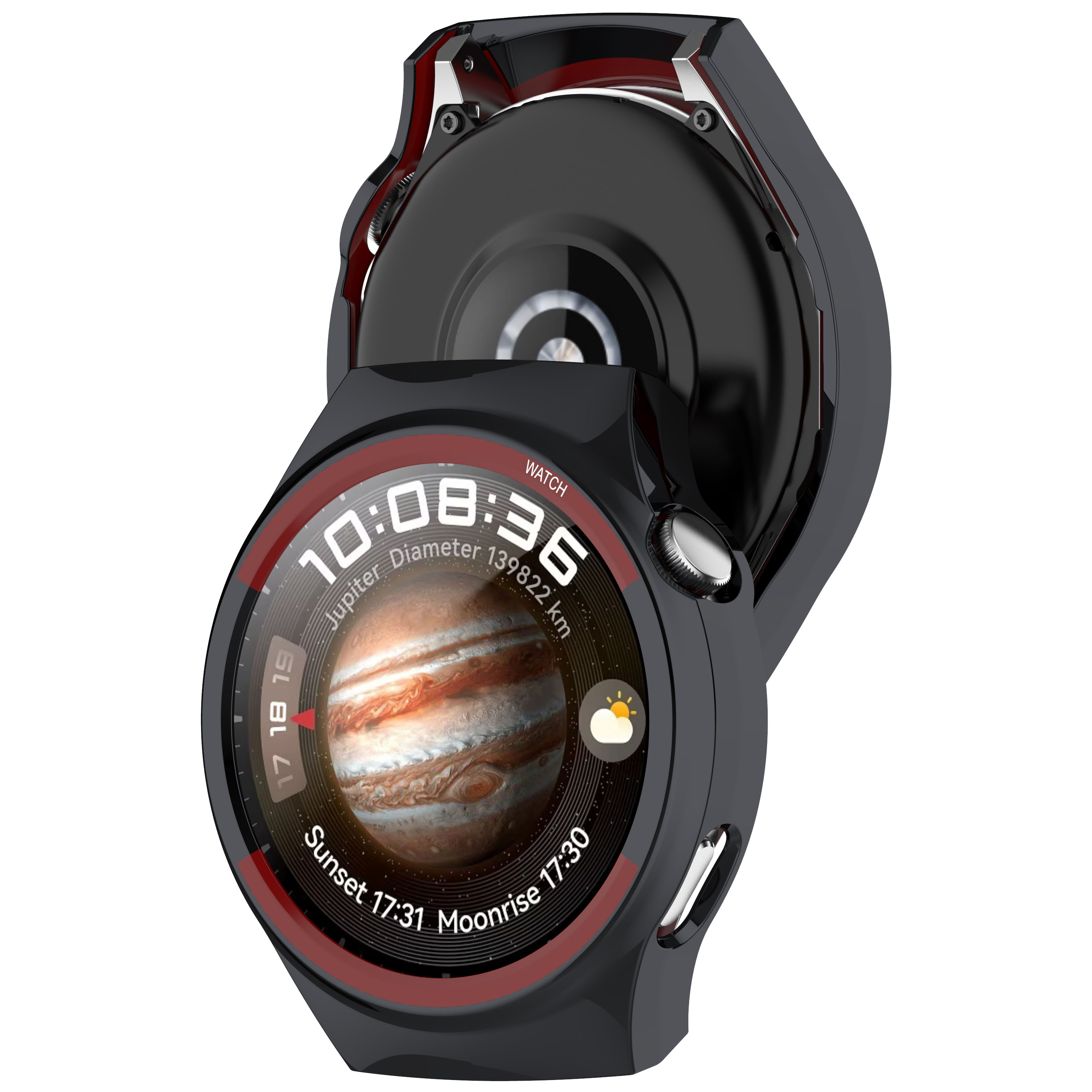 Orologio nero con immagine di Giove sul quadrante. L'orologio ha una lunetta nera con dettagli rossi. Vengono visualizzati l'ora e la data.
