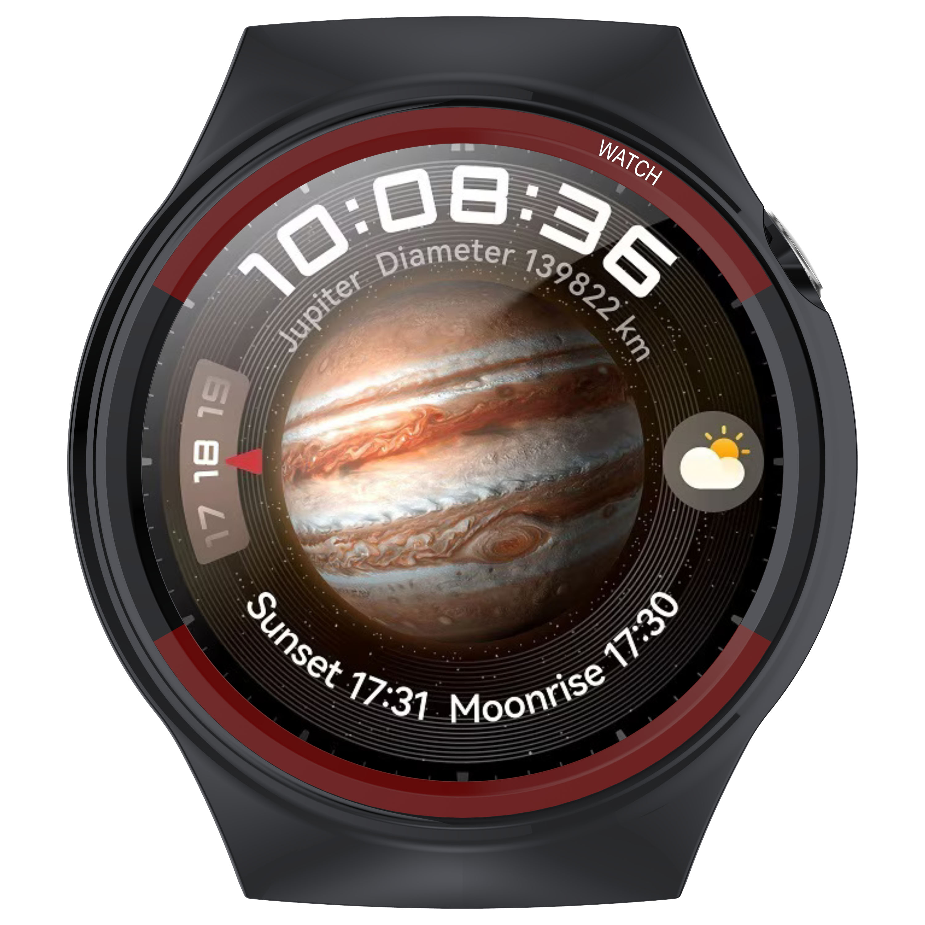 Smartwatch nero con Giove visualizzato sullo schermo. Anello rosso attorno allo schermo.
