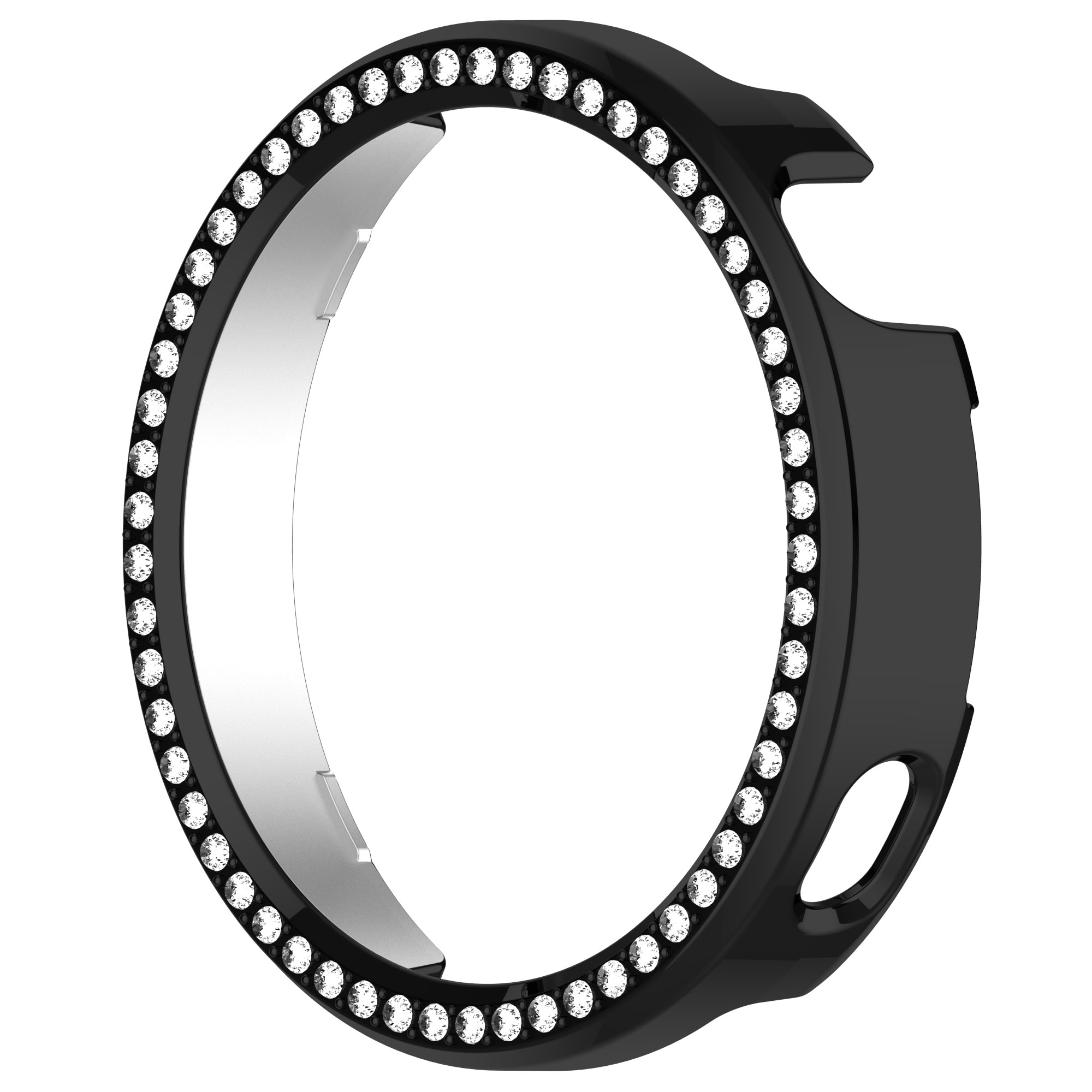 Lunetta dell'orologio nera con una fila di piccoli cristalli. La lunetta ha un interno argentato e un bordo esterno nero.