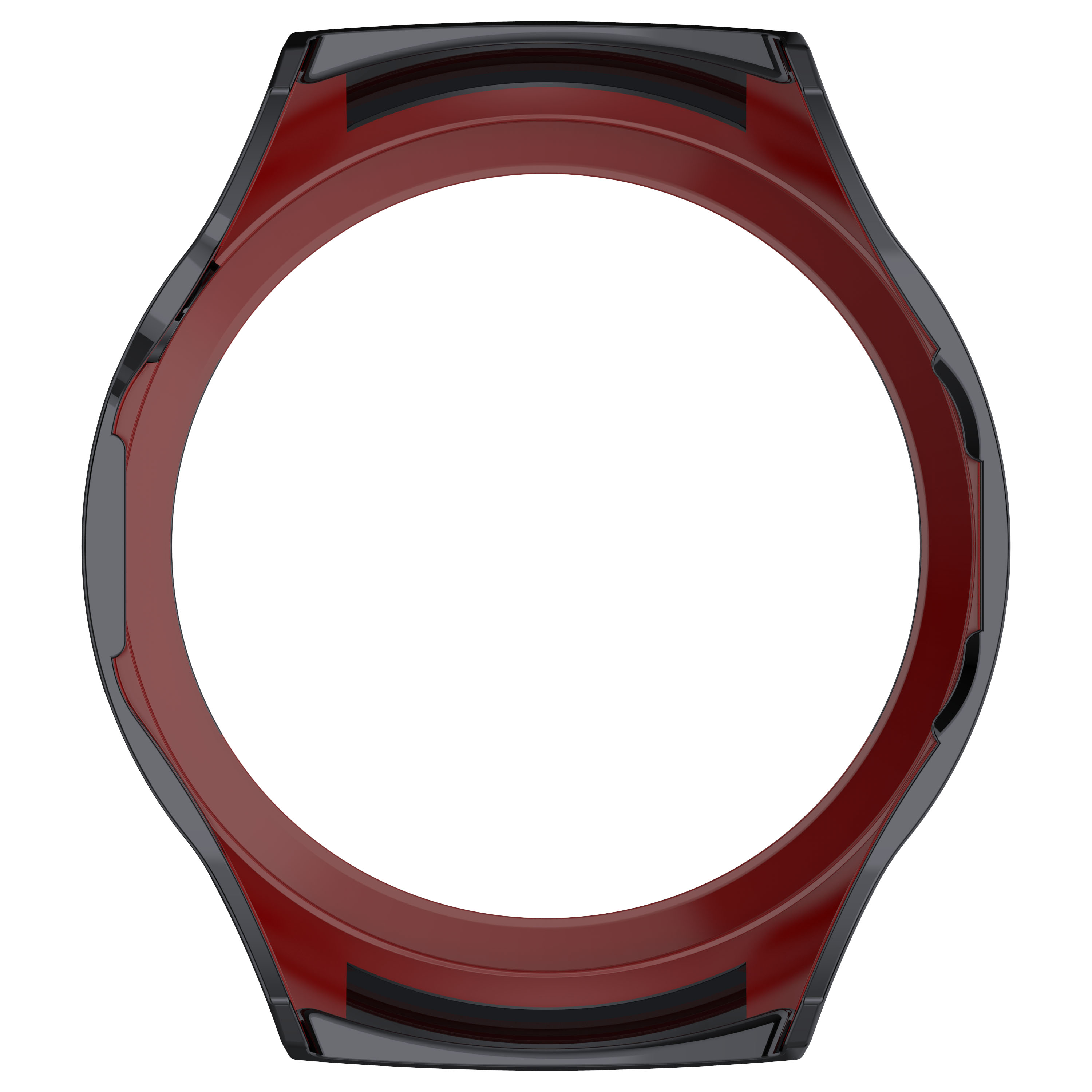 Una cassa dell'orologio rossa e nera. L'interno è rosso, l'esterno è nero.