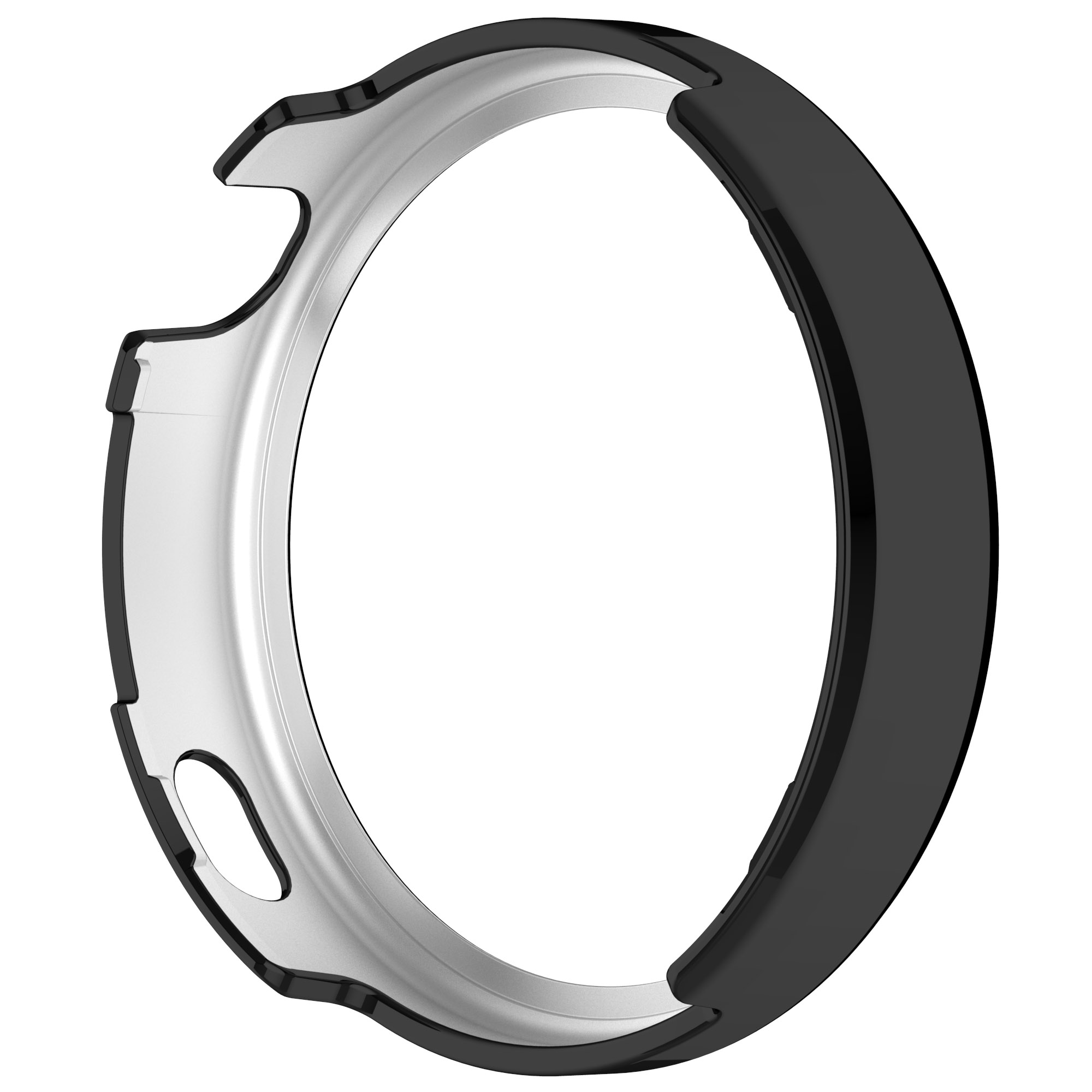 Lunetta per smartwatch nera e argentata. Anello protettivo nero con bordatura argentata. La lunetta è arrotondata.