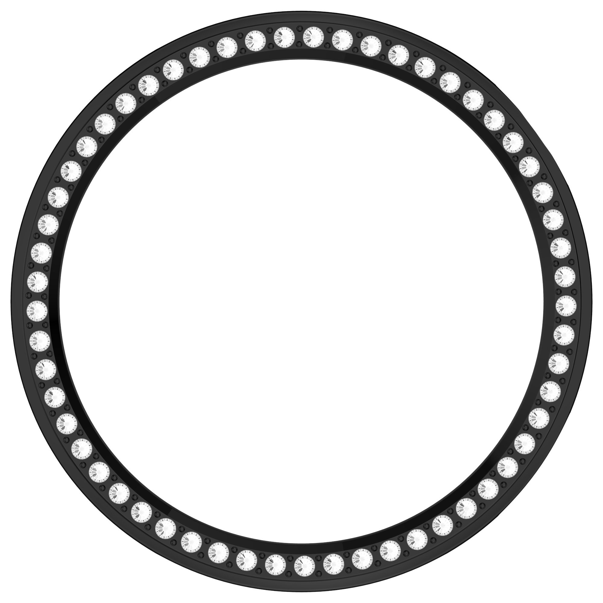 Cornice per orologio nera con bordo ornato di gioielli. La cornice è circolare.