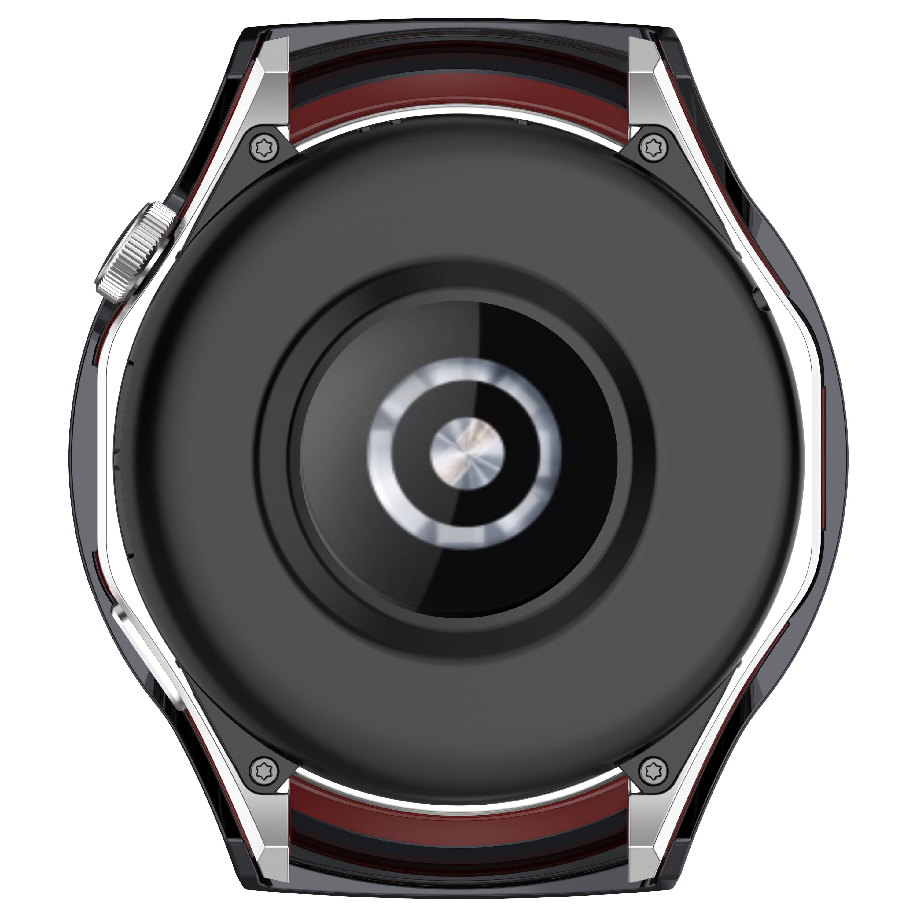 Retro di un orologio nero con un design circolare. Accenti metallici rossi e argento, con viti visibili. Sensore al centro.