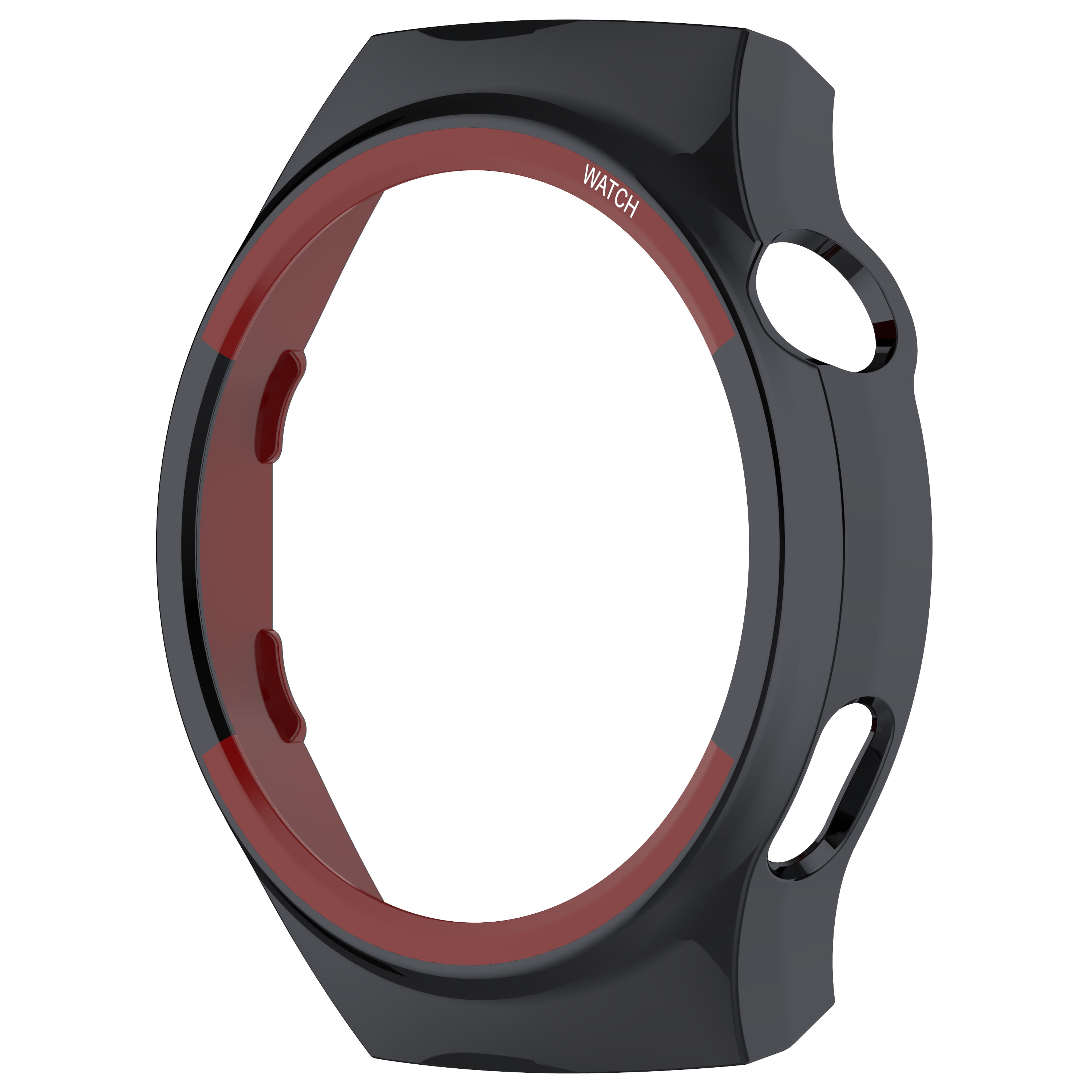 Cassa per orologio nera con accenti rossi. La cassa ha fori per il cinturino e un pulsante.