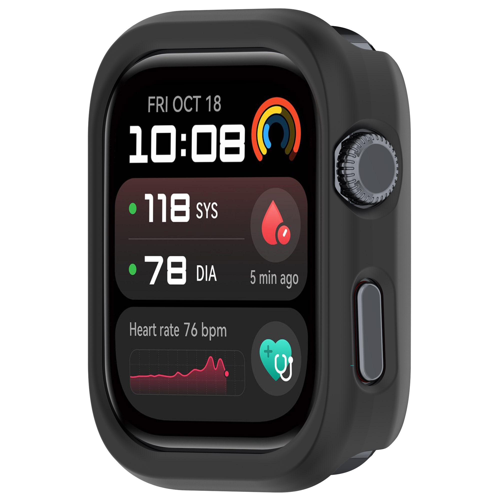 Smartwatch zeigt Zeit, Herzfrequenz und Gesundheitsdaten an. Schwarzes Gehäuse.
