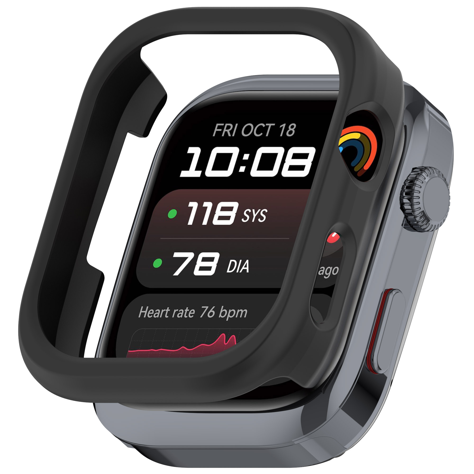 Smartwatch mit Schutzhülle. Zeigt Zeit, Gesundheitsmetriken. Schwarzes Gehäuse, silberne Uhr. Herzfrequenz und andere Daten.