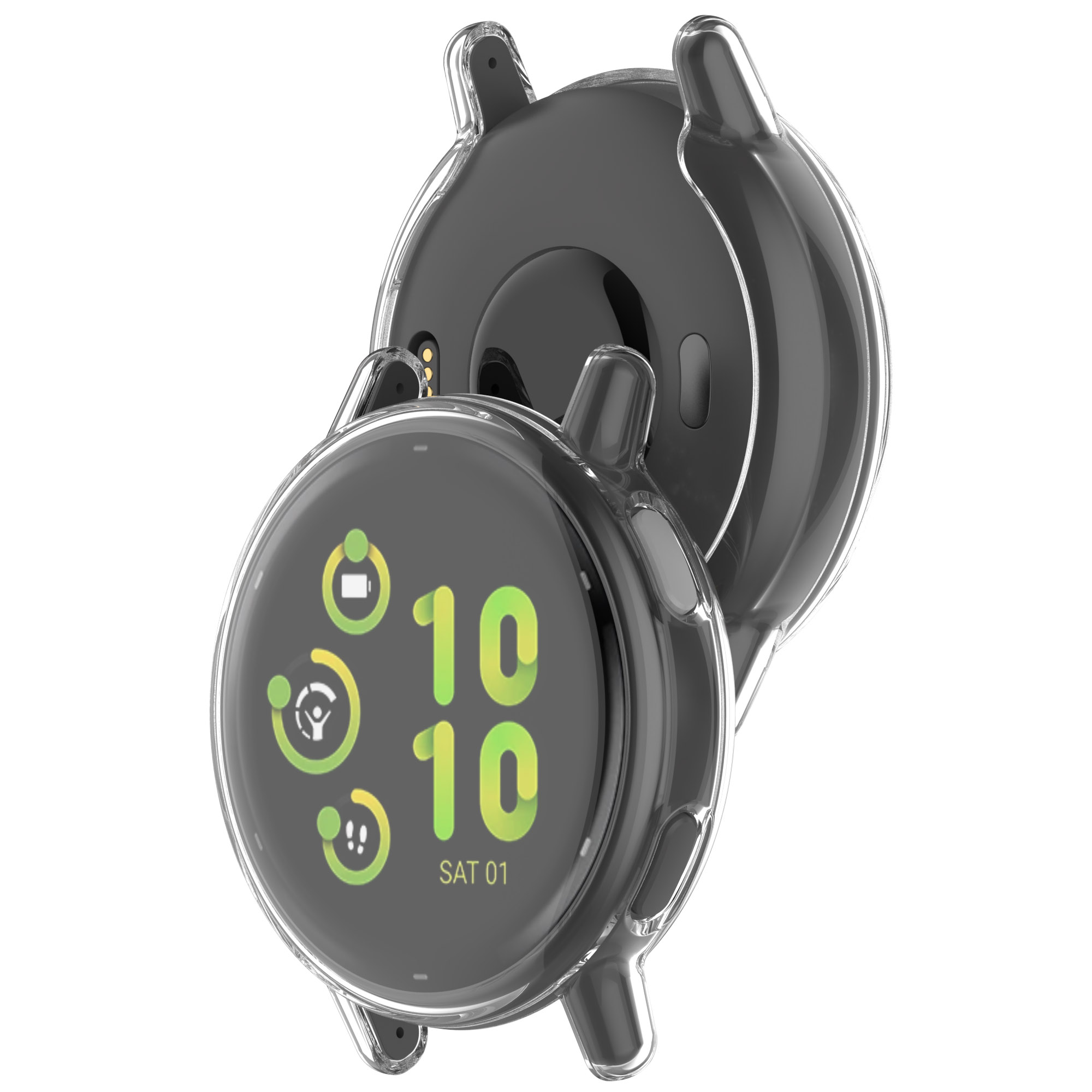 Smartwatch con una copertura protettiva trasparente. Visualizza l'ora e le icone di stato. Orologio nero con copertura trasparente.