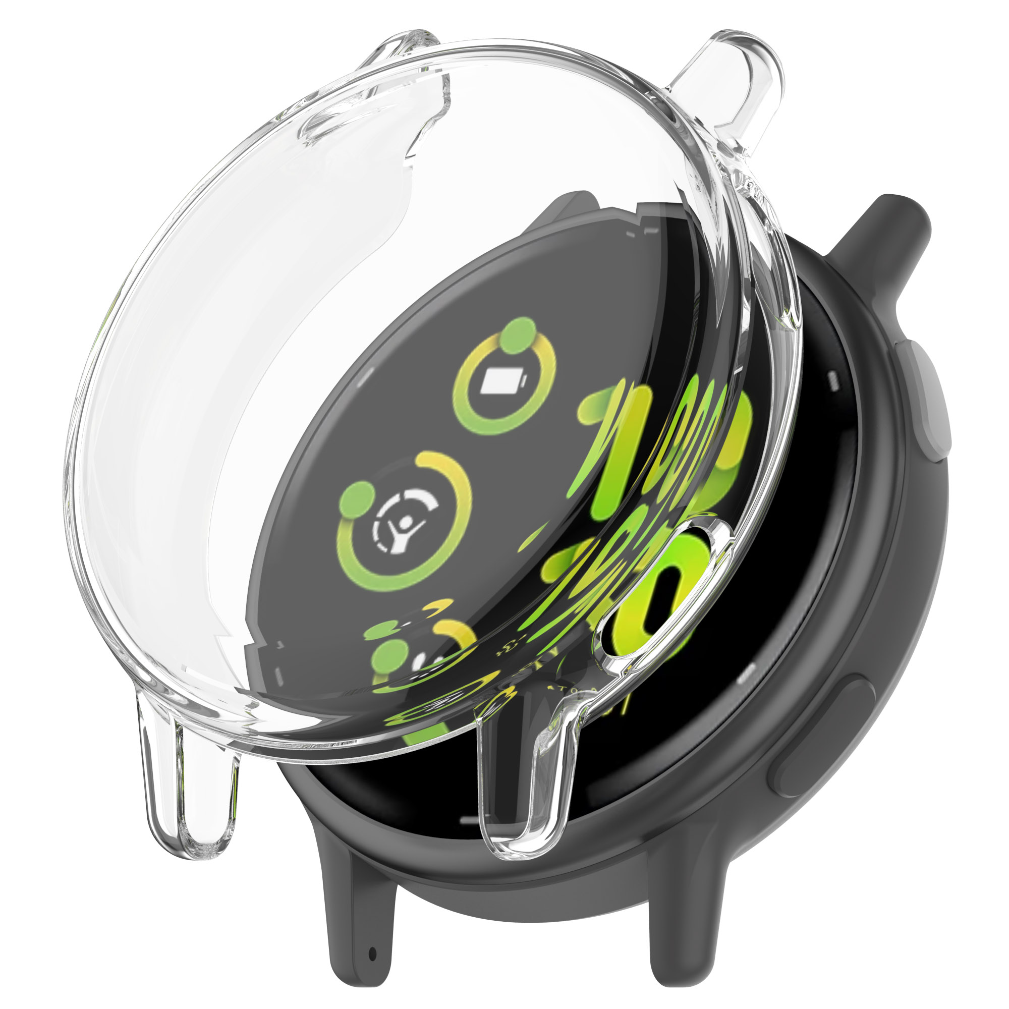 Smartwatch con custodia trasparente. Visualizza i dati con accenti verdi e gialli.