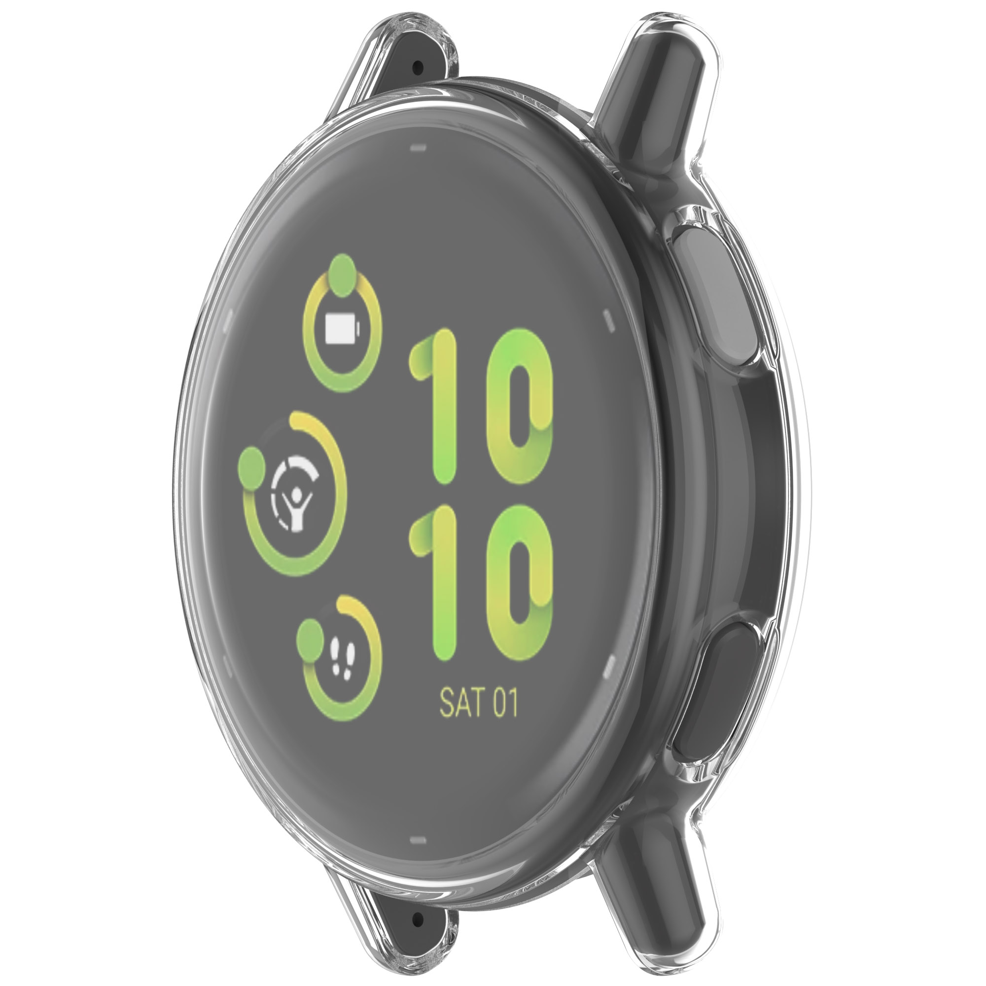 Smartwatch con cassa trasparente, che mostra ora e dati sullo schermo.