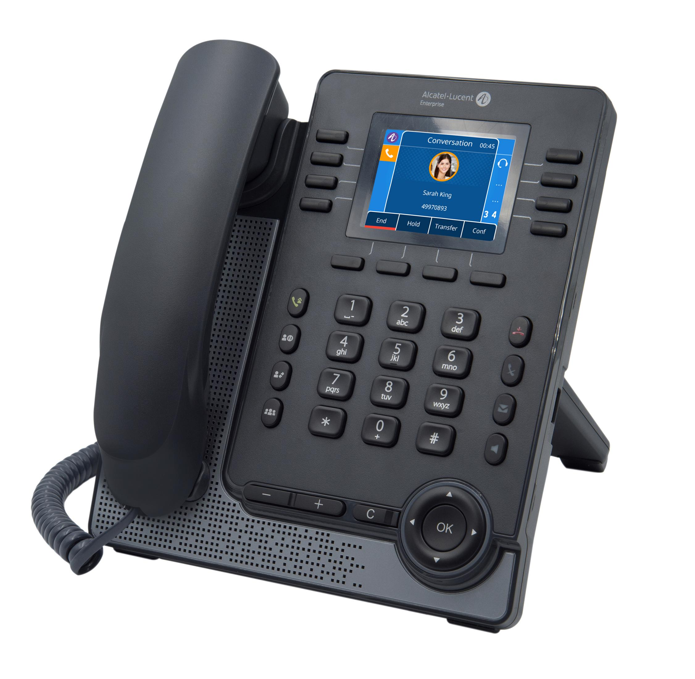 Telefono Alcatel nero con schermo che mostra una chiamata in corso. Il telefono ha un supporto e diversi pulsanti.