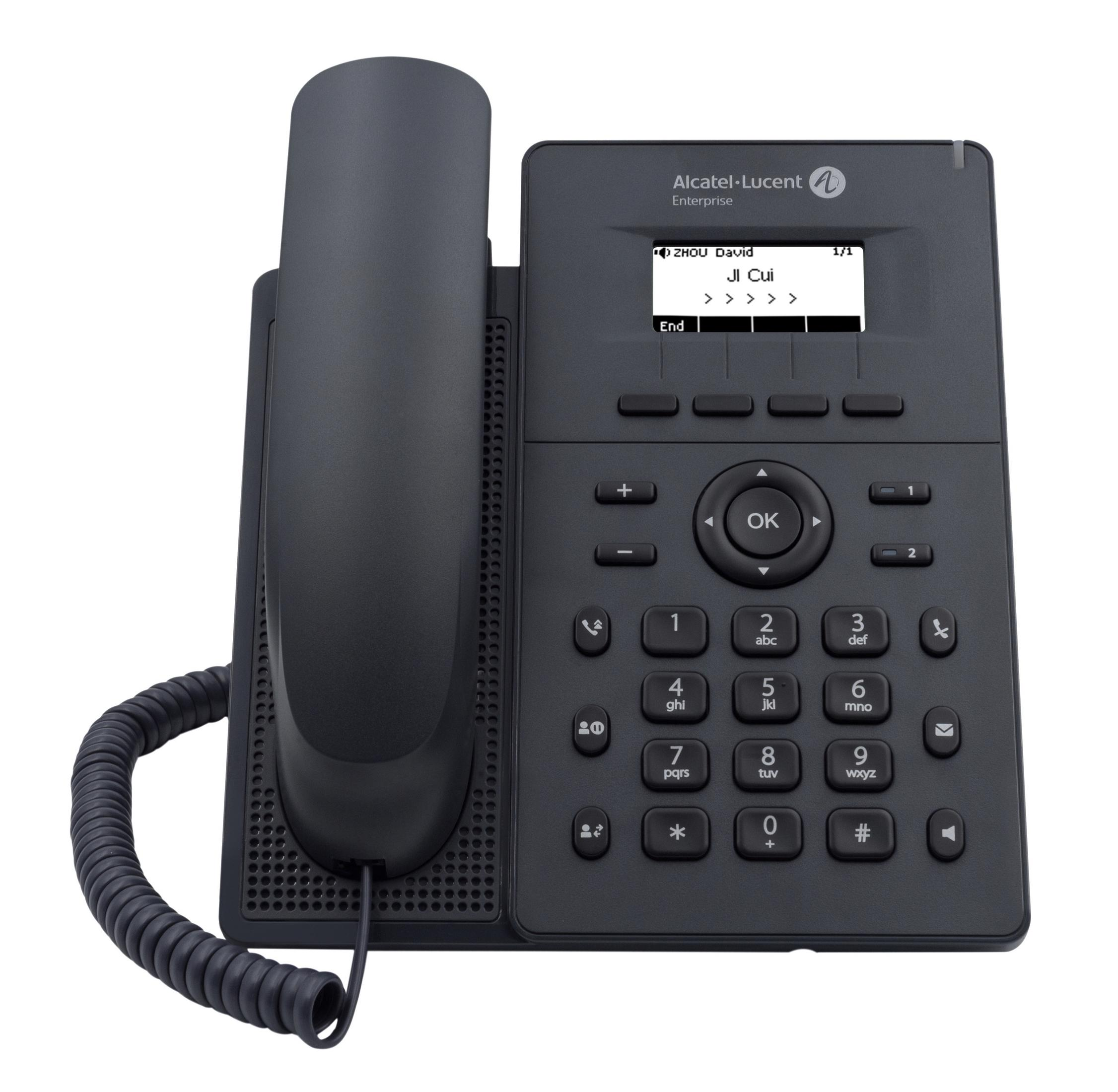 Telefono Alcatel-Lucent nero con display, tastiera e ricevitore. Lo schermo mostra testo.