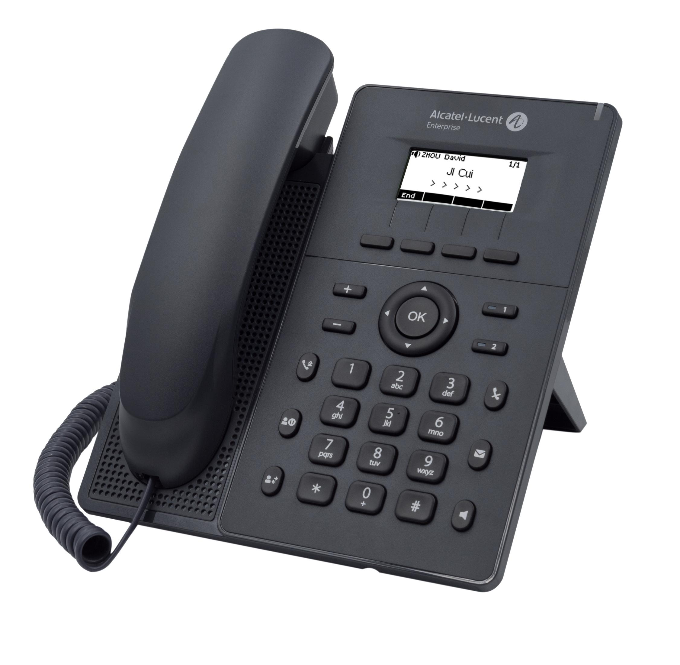 Telefono Alcatel-Lucent Enterprise nero con display e tastiera.