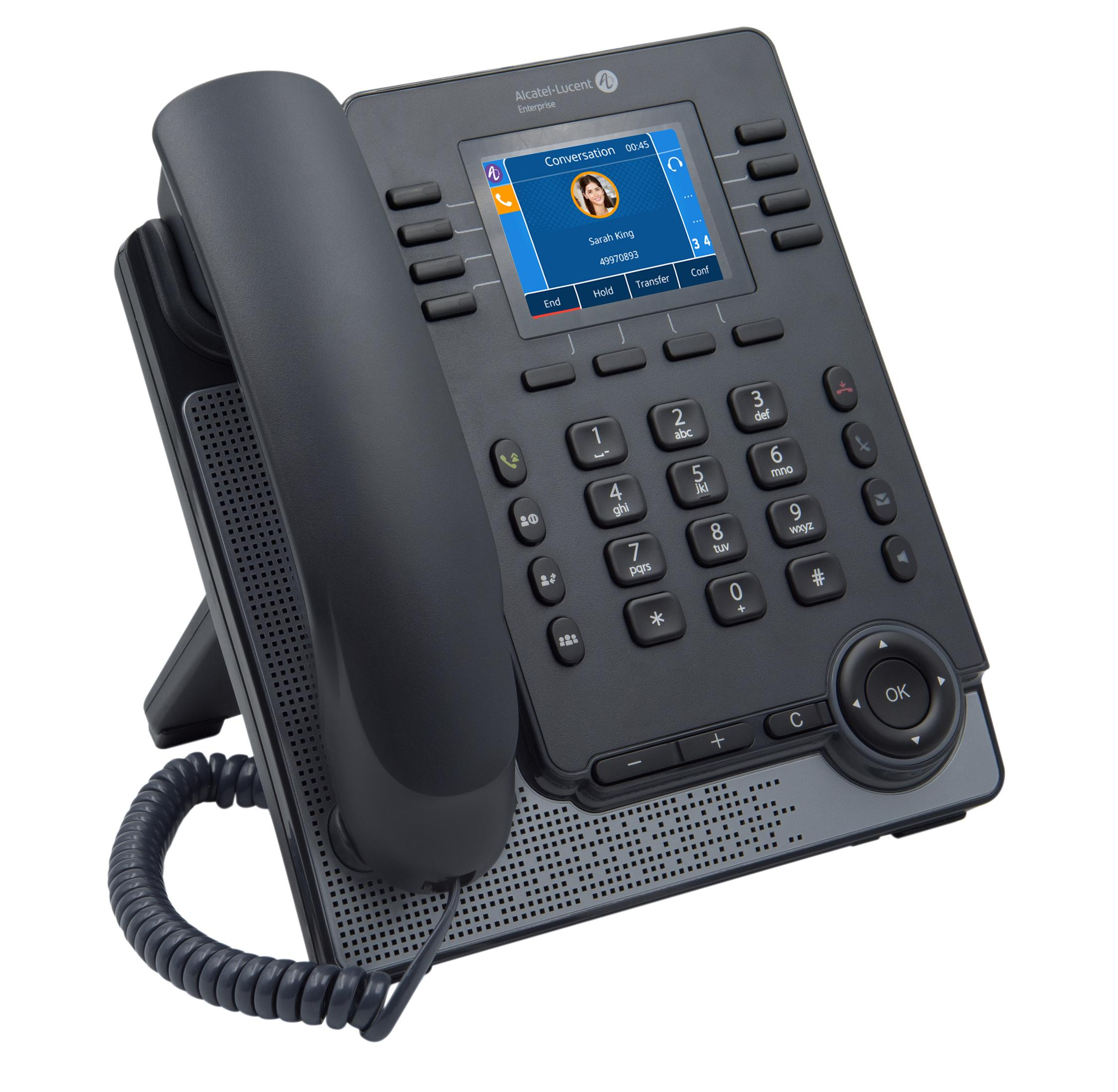 Telefono Alcatel-Lucent nero con display, tastiera e ricevitore. Il display mostra una chiamata.