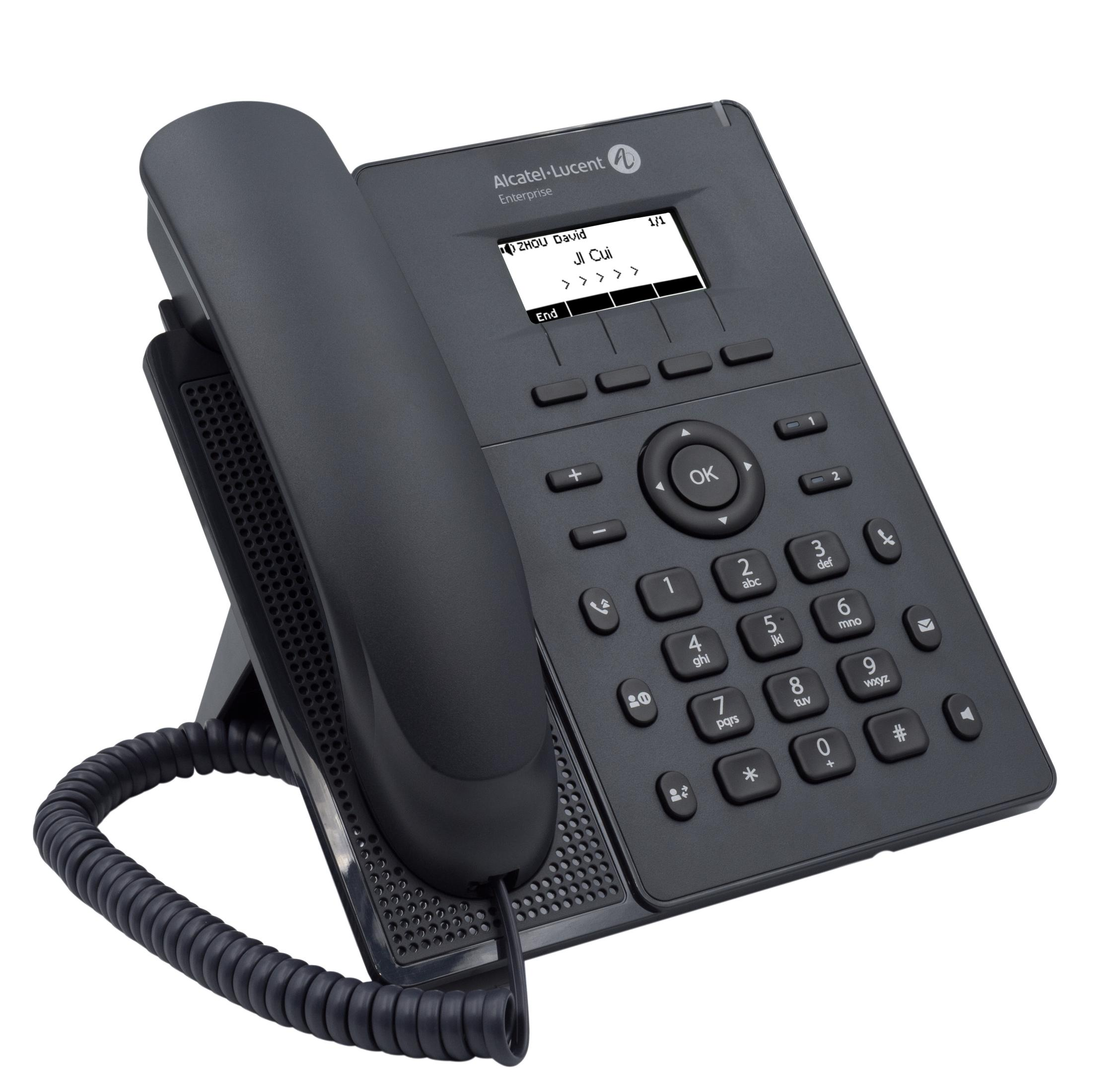 Telefono Alcatel nero con display. Il telefono ha pulsanti e un supporto. Lo schermo mostra le informazioni di contatto.