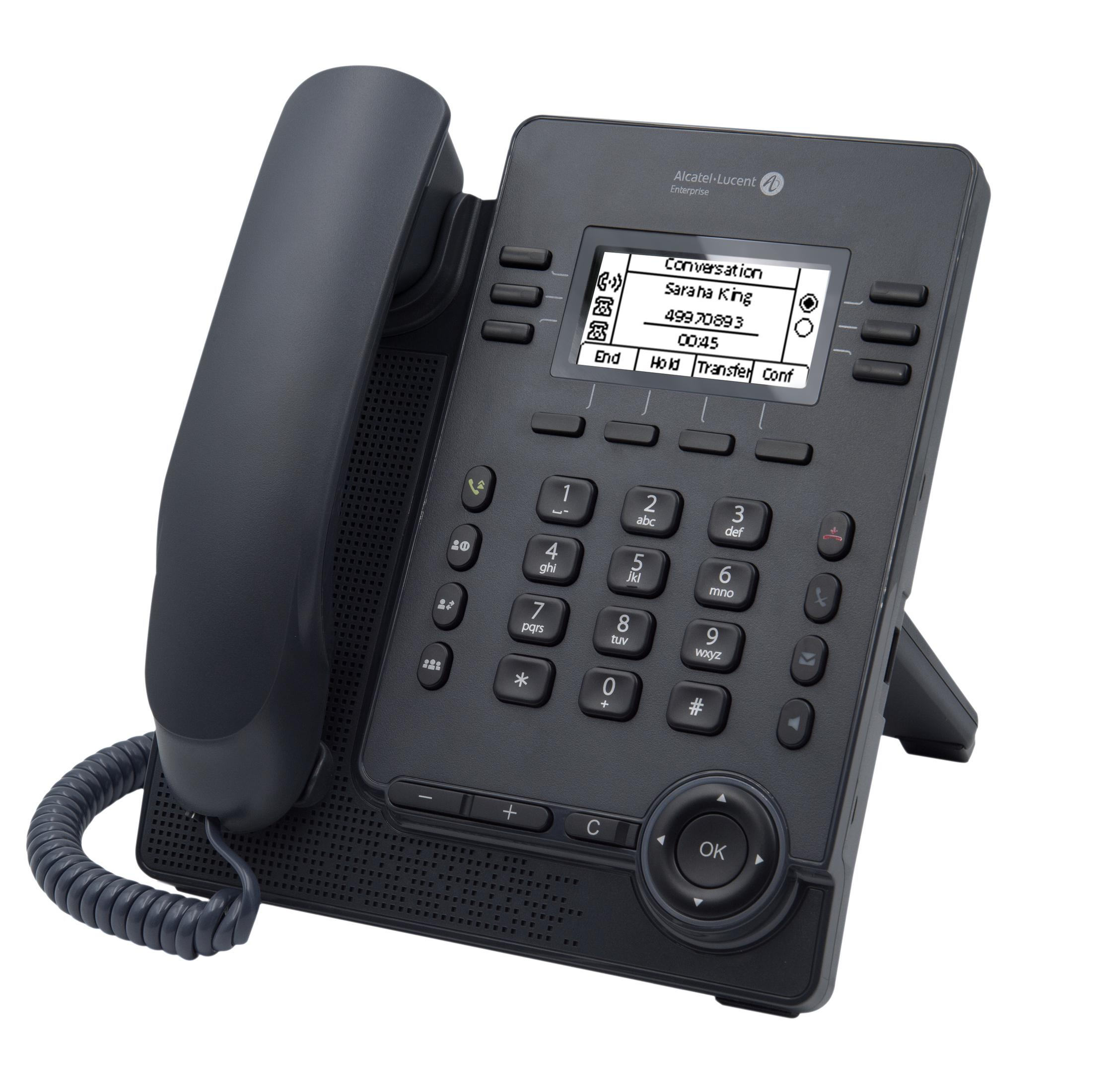 Telefono Alcatel nero con schermo che mostra una chiamata. Il telefono ha pulsanti, un supporto e una cornetta con filo.