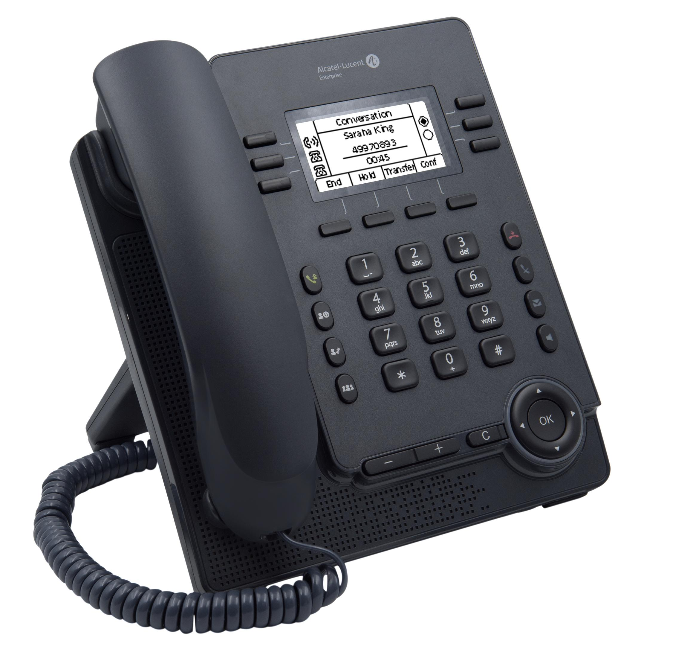 Un telefono da scrivania nero con cornetta, pulsanti e schermo.