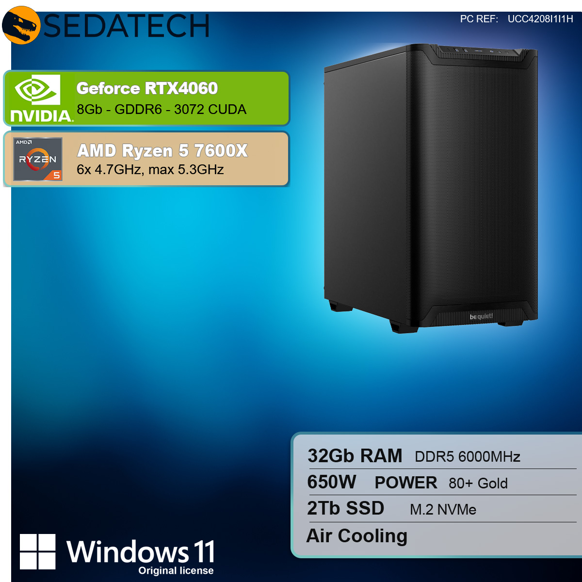 Schwarzes Computergehäuse mit Etiketten für CPU, GPU, RAM und andere Komponenten. Windows 11 Logo ist vorhanden.